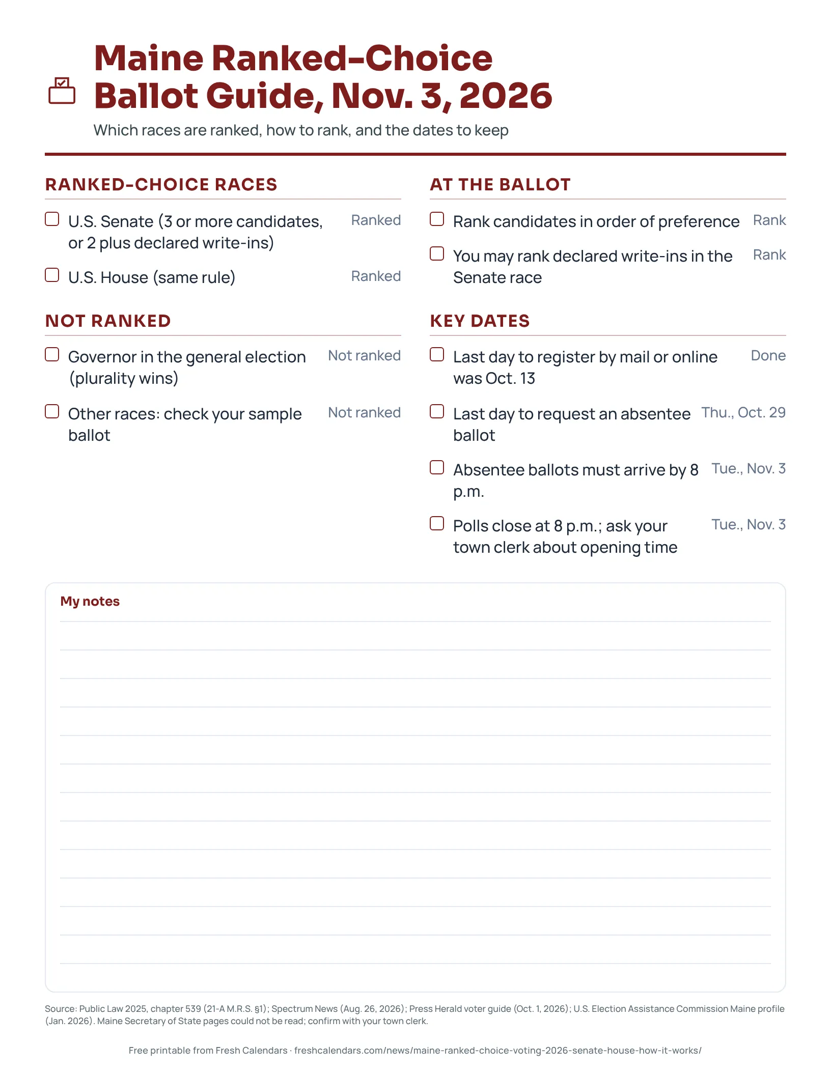 Maine ranked-choice ballot guide 2026 printable checklist with ranked races and key dates