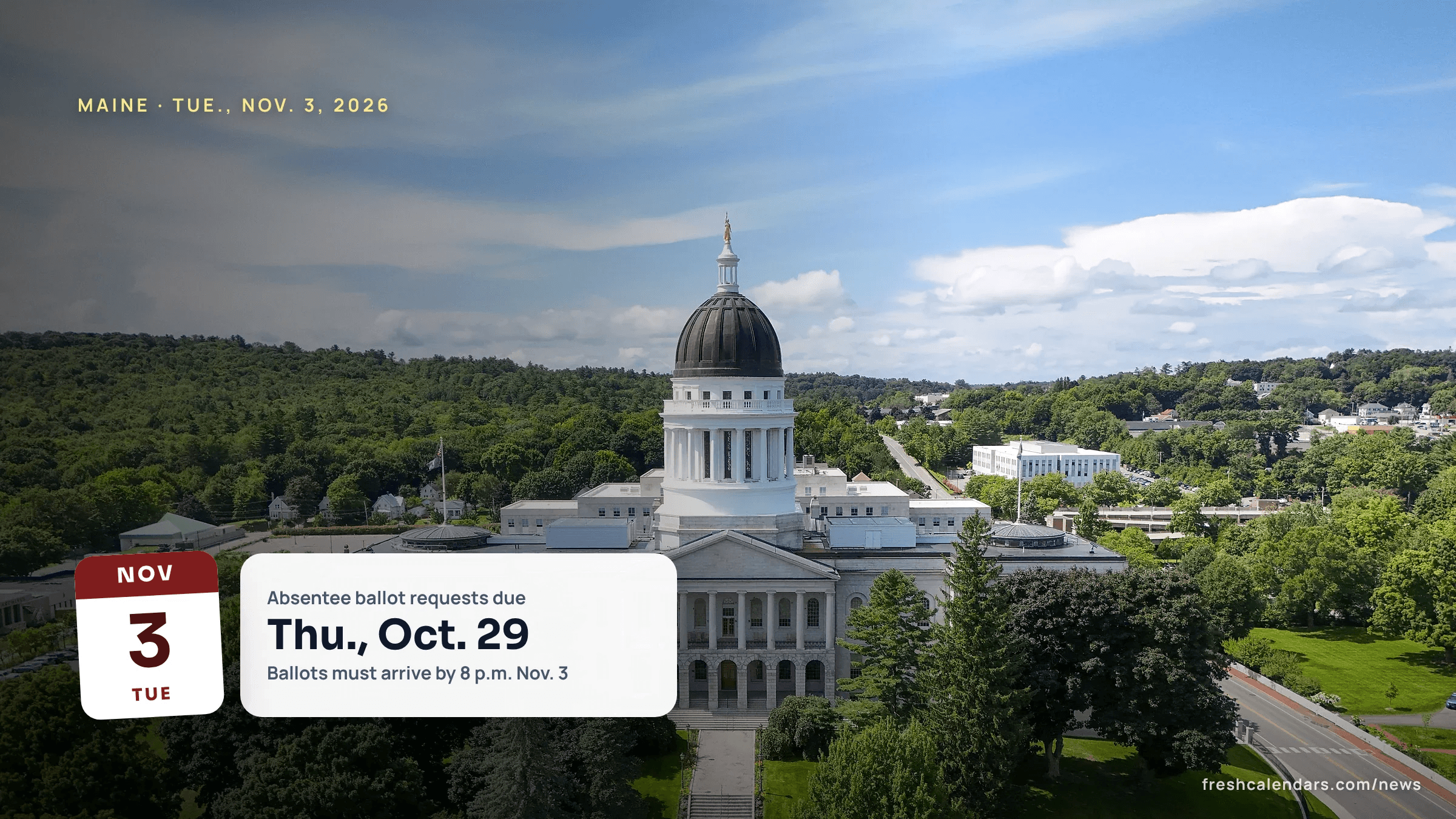 Maine ranked-choice voting 2026: the Maine State House and its dome in Augusta, seen from above with green hills behind