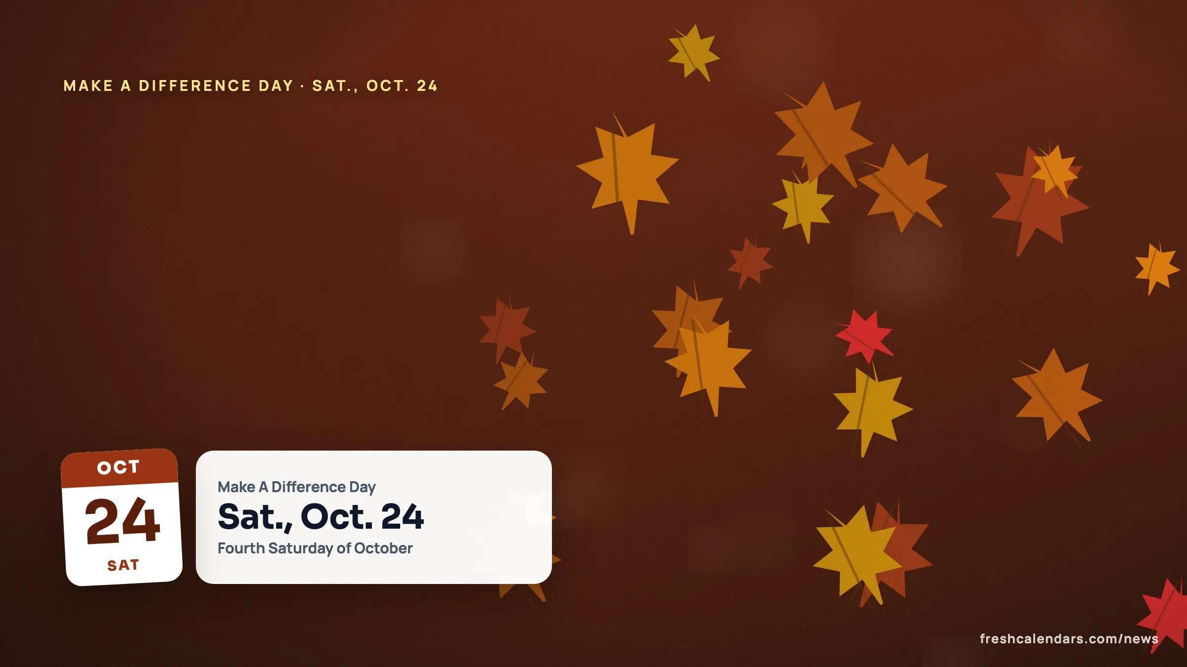 Make A Difference Day 2026 illustration: an autumn scene beside a calendar card for Saturday, Oct. 24