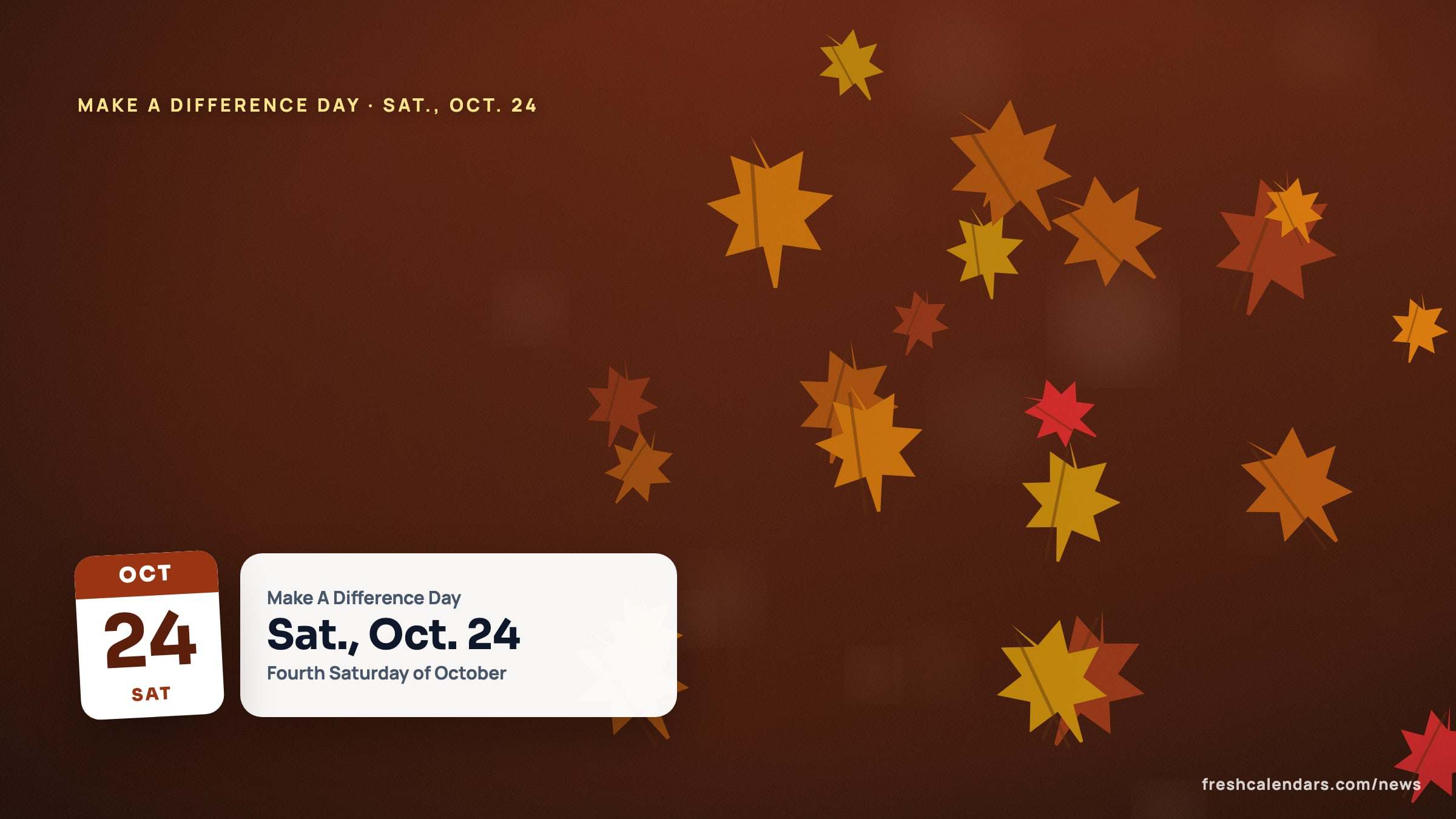 Make A Difference Day 2026 illustration: an autumn scene beside a calendar card for Saturday, Oct. 24