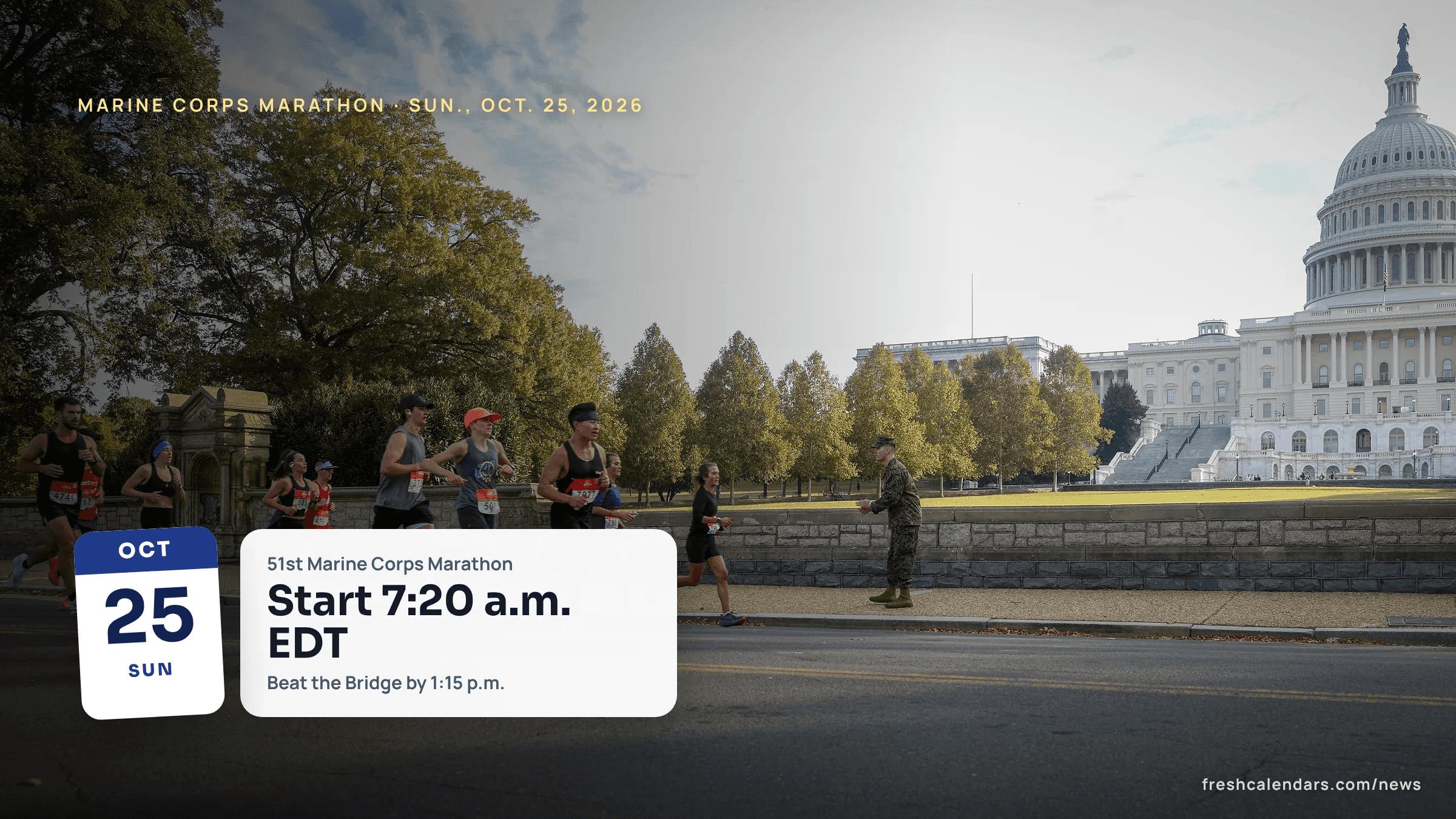 Marine Corps Marathon 2026 starts 7:20 a.m. EDT: runners on a closed street with the U.S. Capitol dome behind them