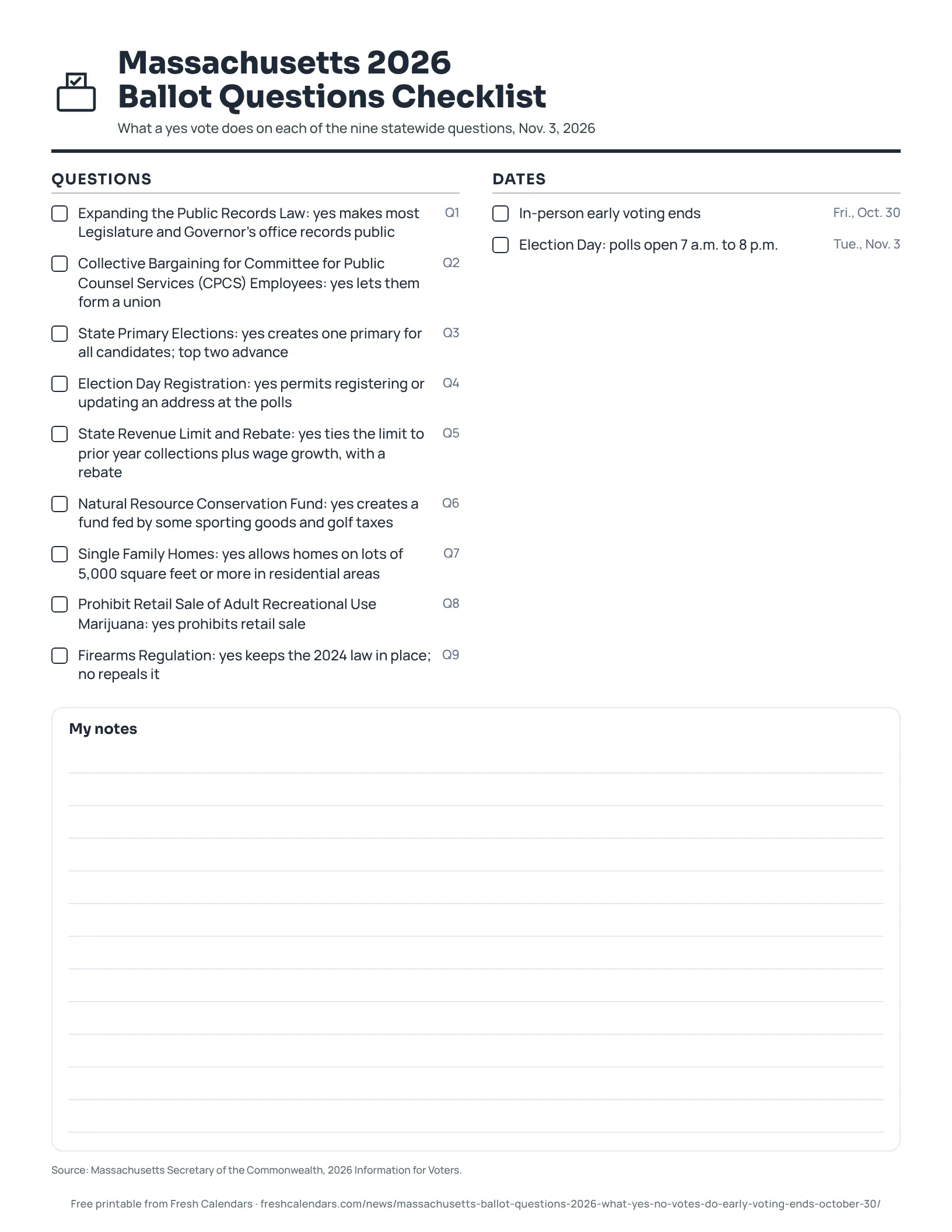 Massachusetts 2026 Ballot Questions Checklist (ink saver) Massachusetts 2026 ballot questions checklist printable with nine questions and key dates, ink-saver version