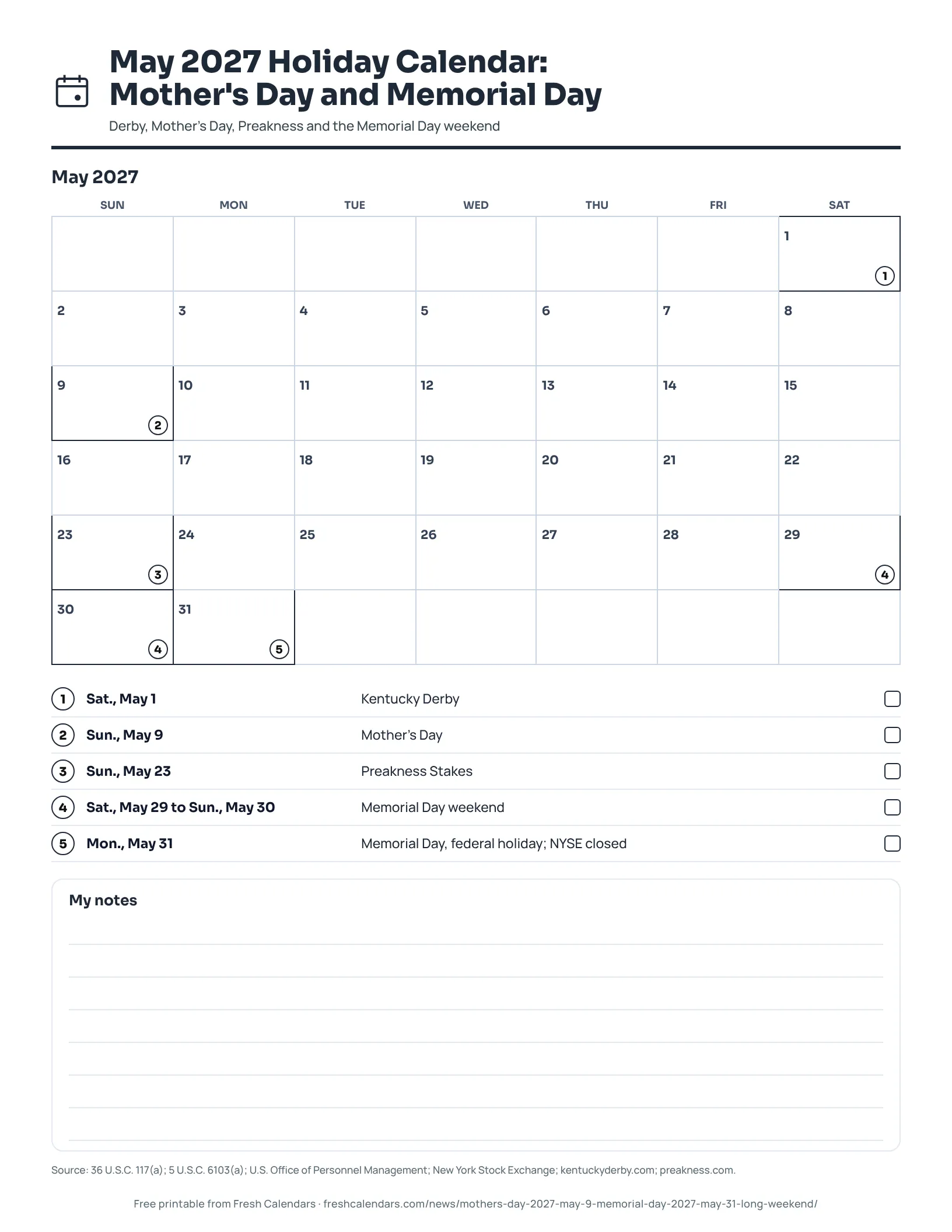 A May 2027 calendar with Mother's Day on May 9 and Memorial Day on May 31 marked, ink-saver version