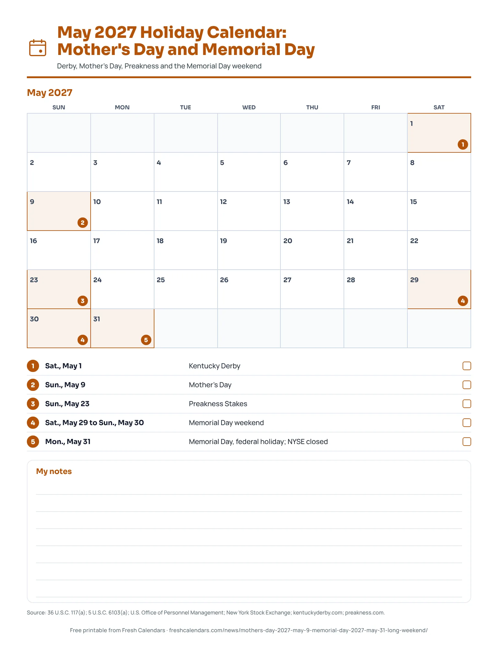 A May 2027 calendar with Mother's Day on May 9 and Memorial Day on May 31 marked