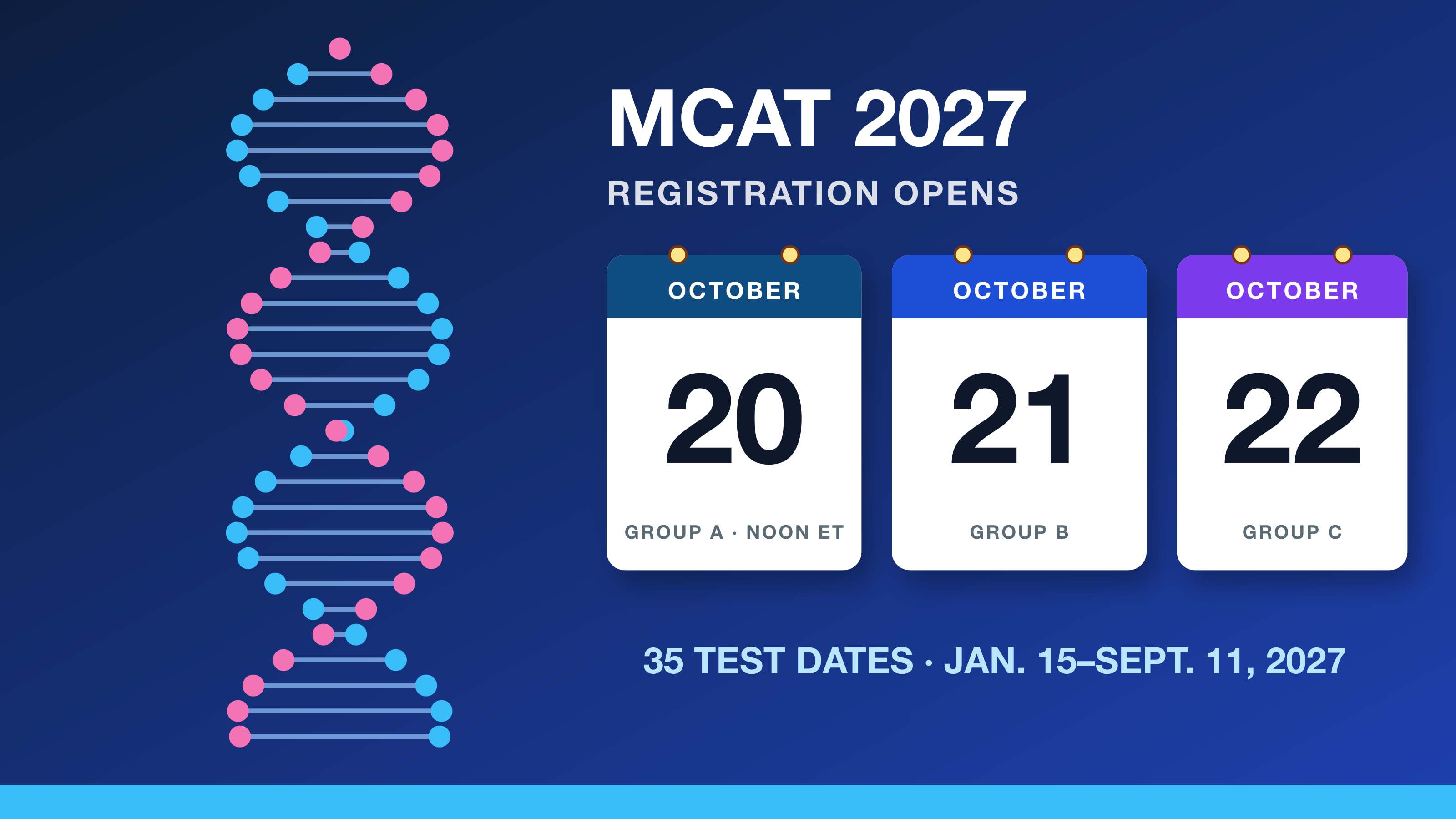 MCAT 2027 test dates: a stethoscope, test booklet and calendar card reading registration opens Oct. 20