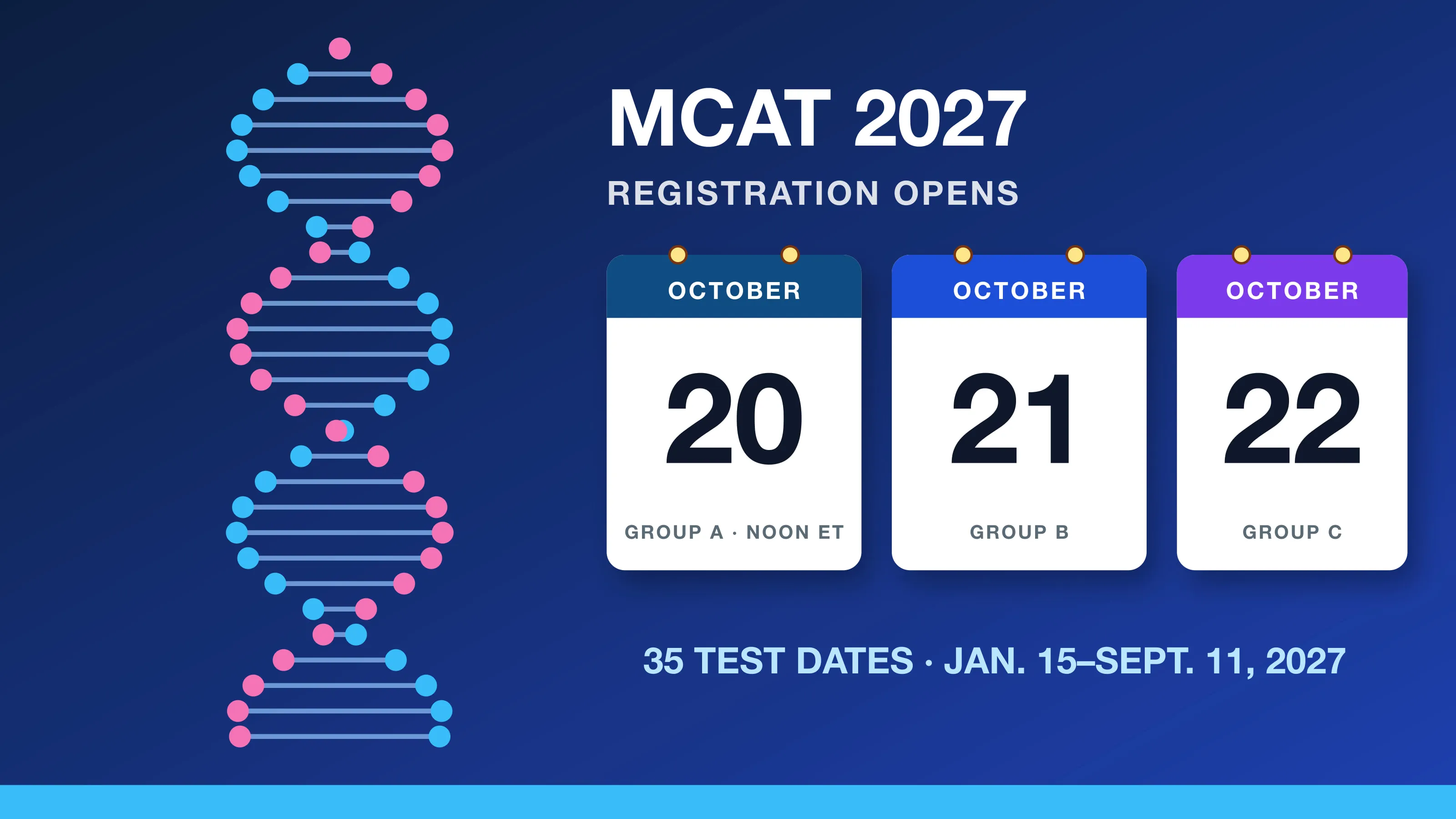 MCAT 2027 Test Dates: Registration Opens Oct. 20, All 35 Exam Days and Every Score Release MCAT 2027 test dates: a stethoscope, test booklet and calendar card reading registration opens Oct. 20