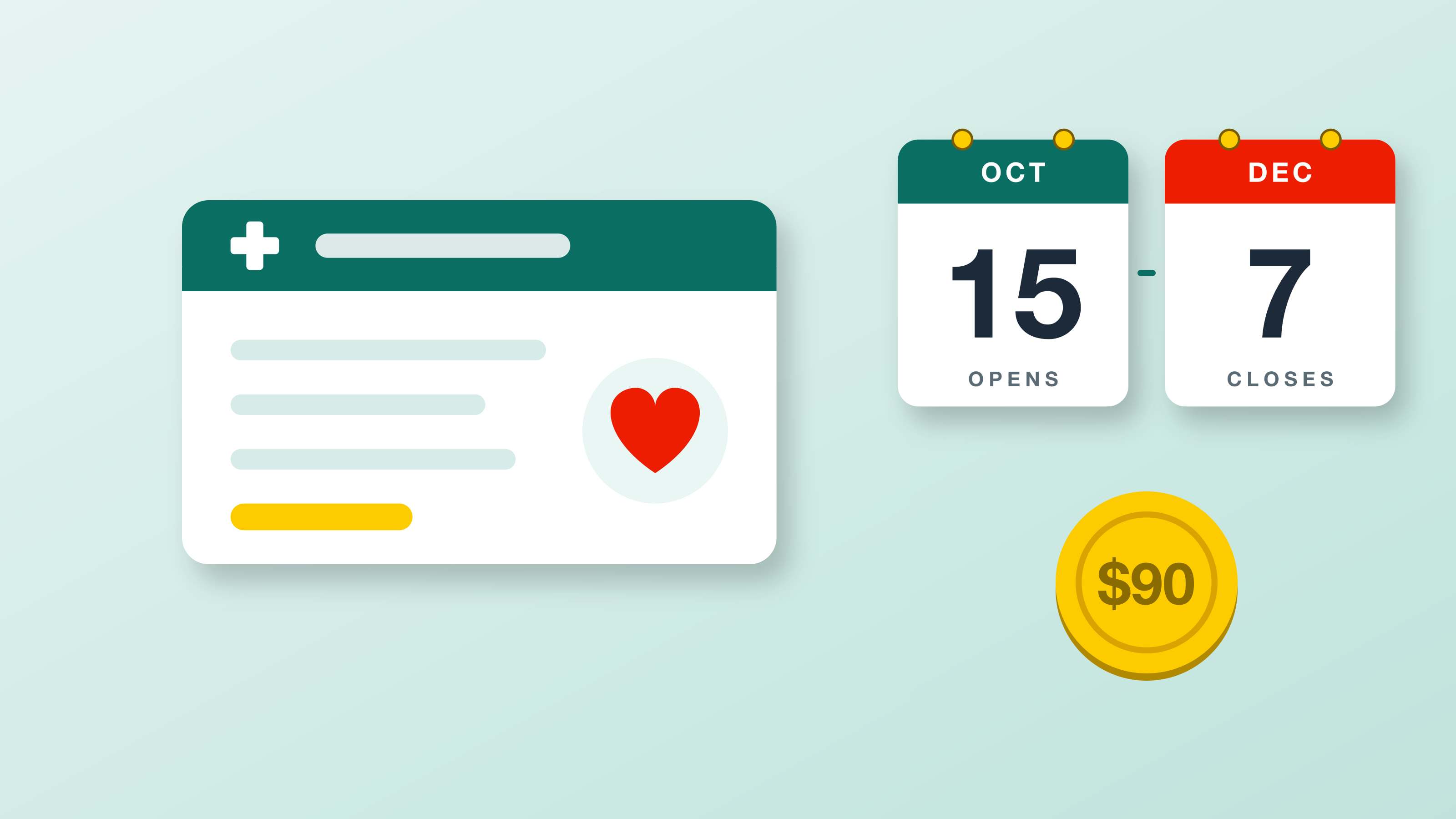 Medicare open enrollment 2026: a Medicare card beside Oct. 15 and Dec. 7 calendar pages and a one-time $90 Part B rebate coin