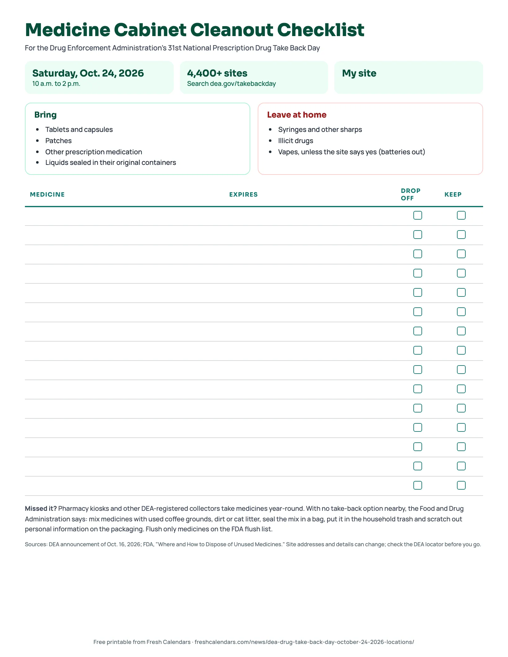 Medicine Cabinet Cleanout Checklist for Take Back Day 2026 Medicine cabinet cleanout checklist printable for DEA Take Back Day Oct. 24, 2026 with what to bring and an inventory table