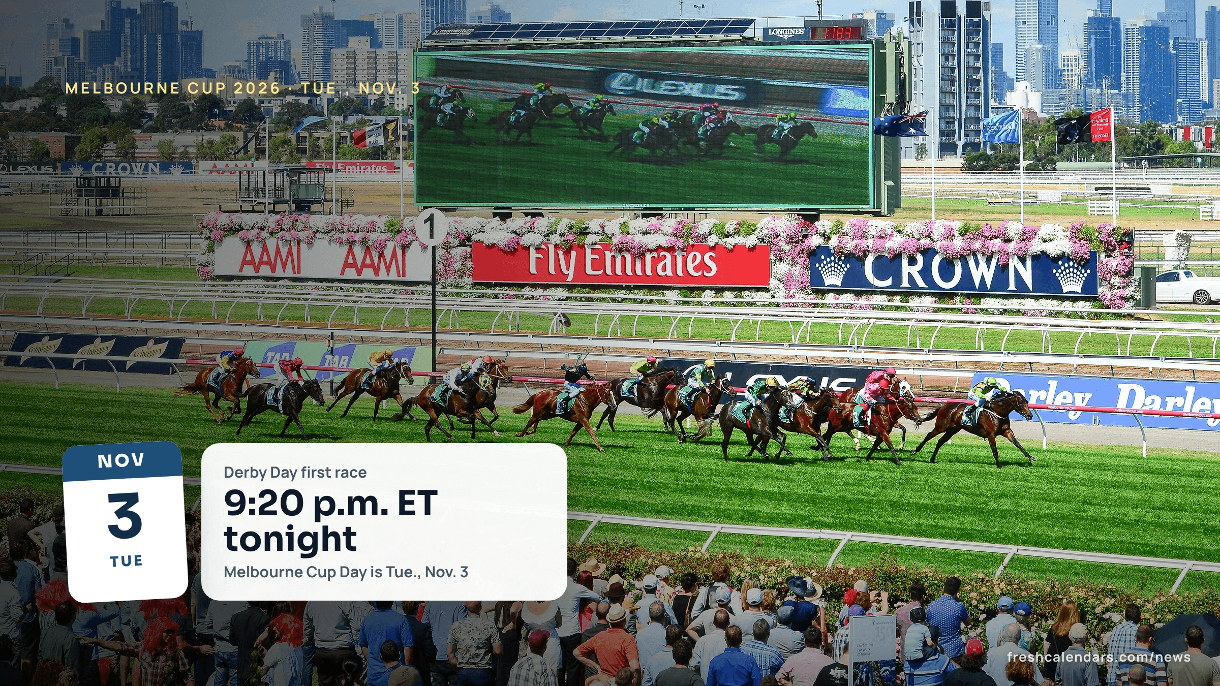 Melbourne Cup 2026 time: crowd and track at Flemington racecourse in Melbourne, home of the Melbourne Cup Carnival