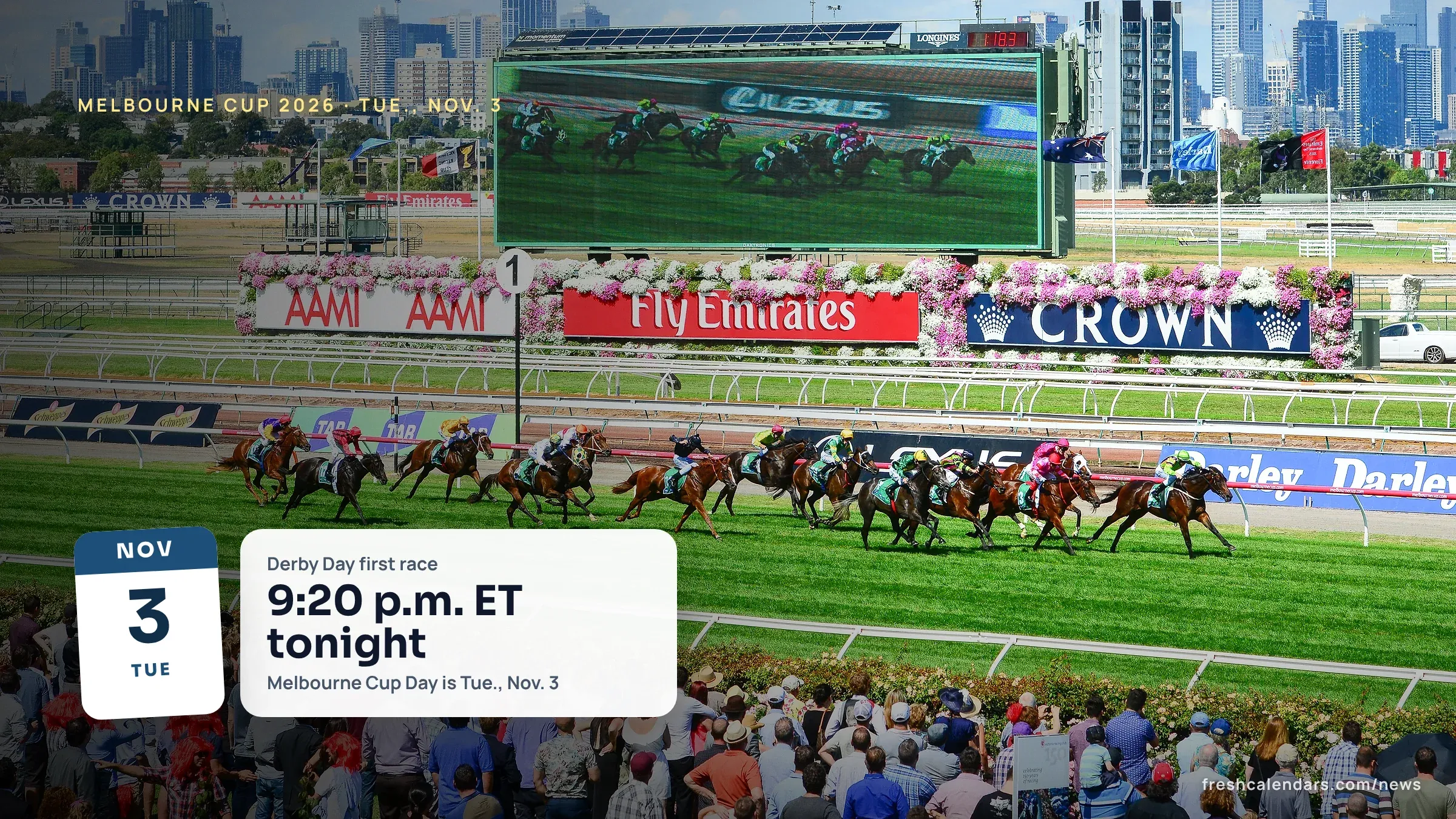 Melbourne Cup 2026 time: crowd and track at Flemington racecourse in Melbourne, home of the Melbourne Cup Carnival