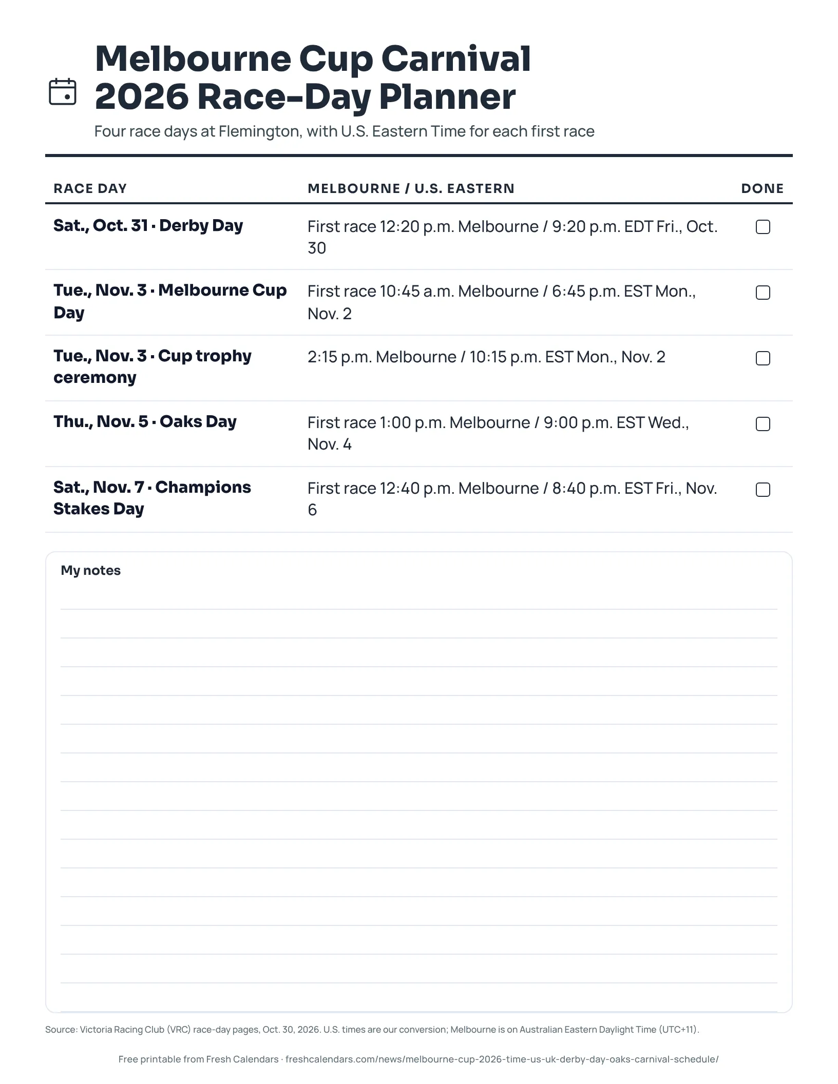 Melbourne Cup Carnival 2026 Race-Day Planner (ink saver) Melbourne Cup Carnival 2026 race-day planner listing five entries in Melbourne and Eastern time, ink-saver version