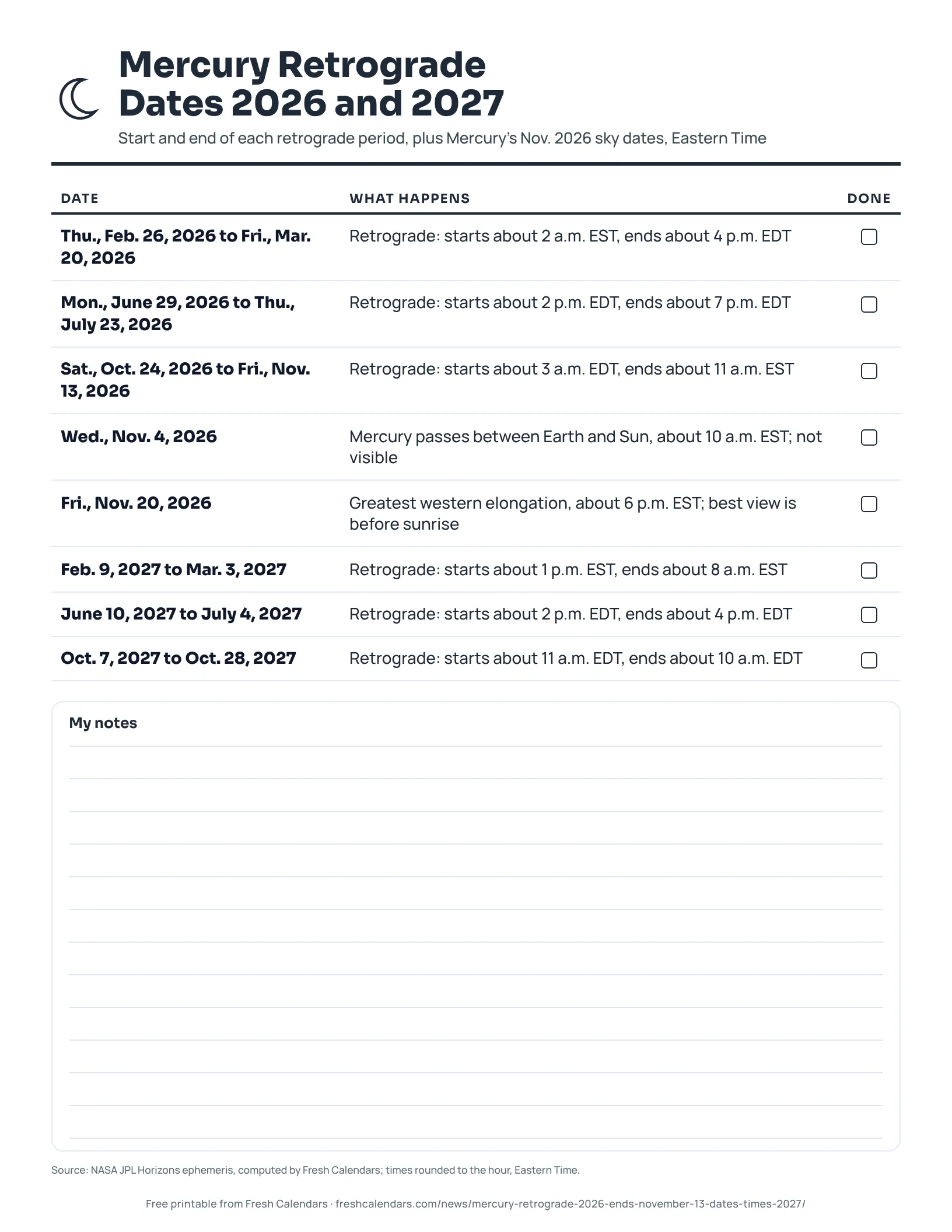 Mercury Retrograde Dates 2026 and 2027 (ink saver) Mercury retrograde dates 2026 and 2027 printable listing six retrograde periods in Eastern Time, ink-saver version