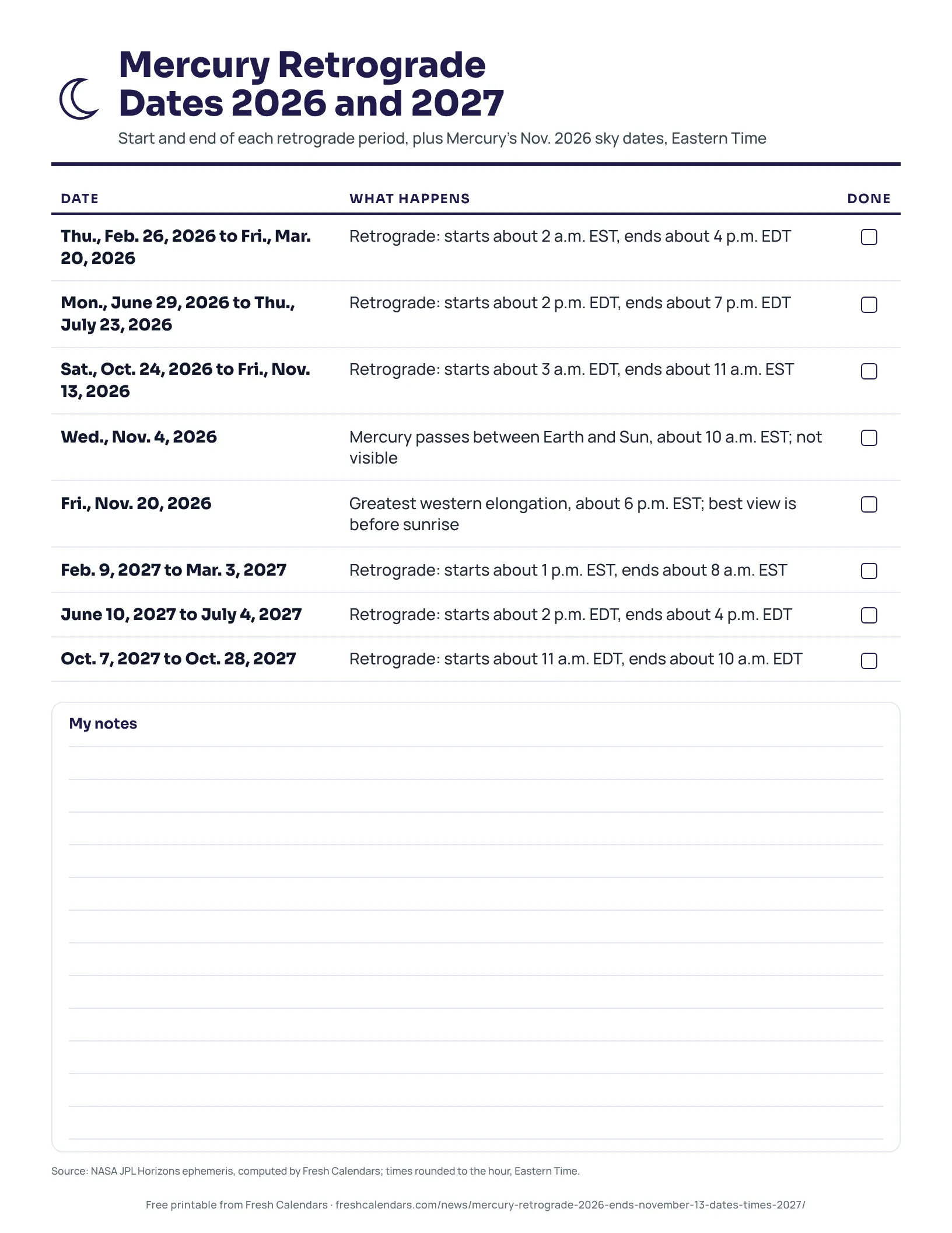 Mercury Retrograde Dates 2026 and 2027 Mercury retrograde dates 2026 and 2027 printable listing six retrograde periods in Eastern Time