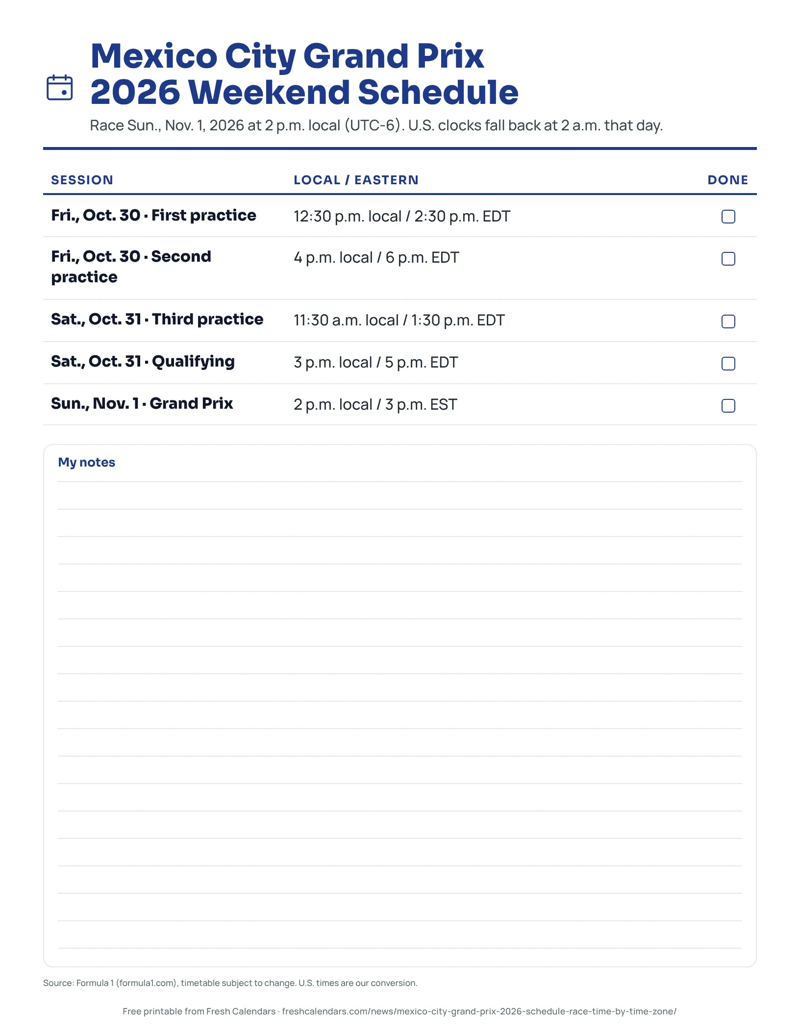 Mexico City Grand Prix 2026 Weekend Schedule Mexico City Grand Prix 2026 weekend schedule listing five sessions in local and Eastern time