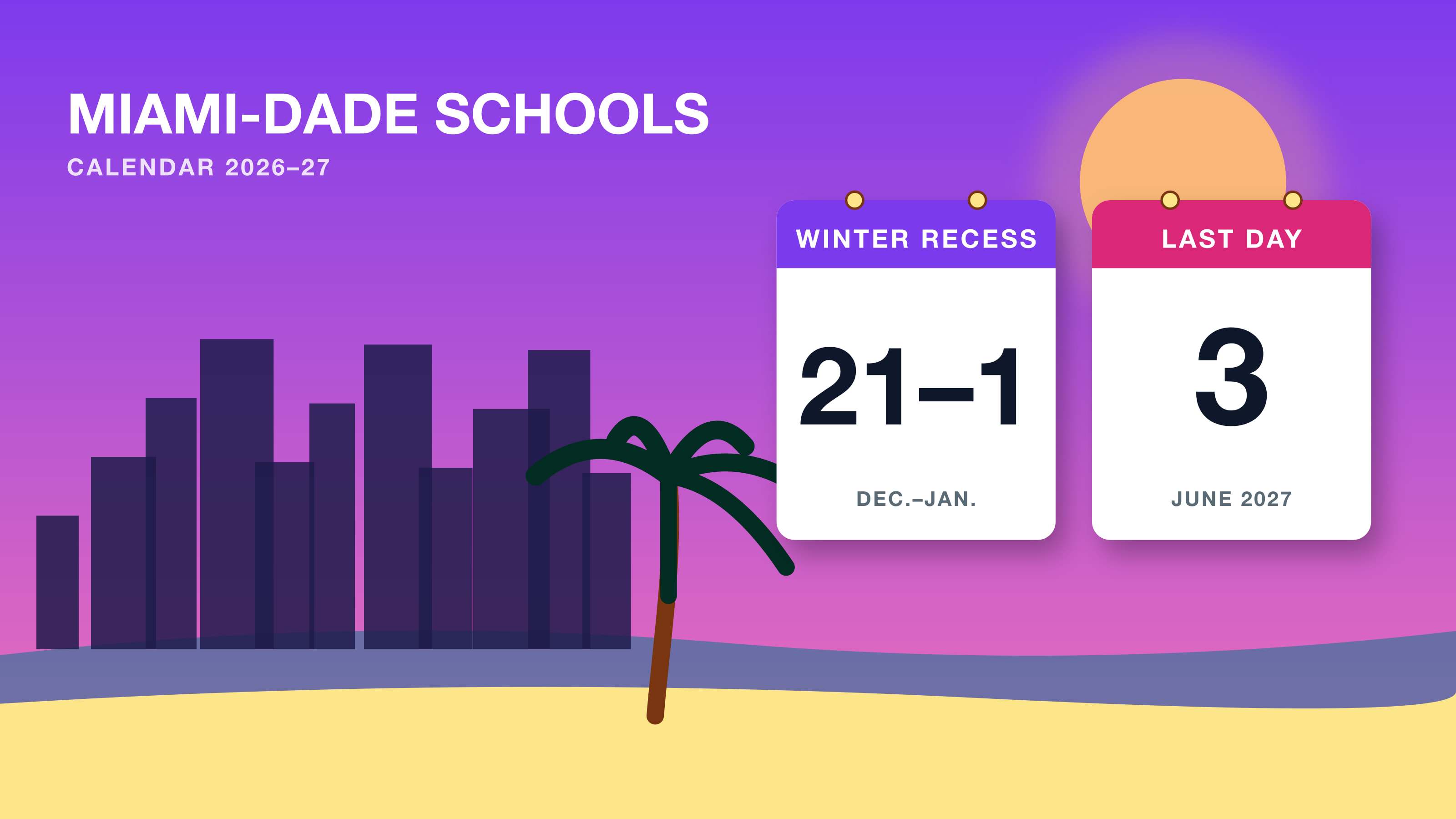 Miami-Dade school calendar 2026-27: a skyline and palm trees behind cards for winter recess Dec. 21-Jan. 1 and the June 3 last day