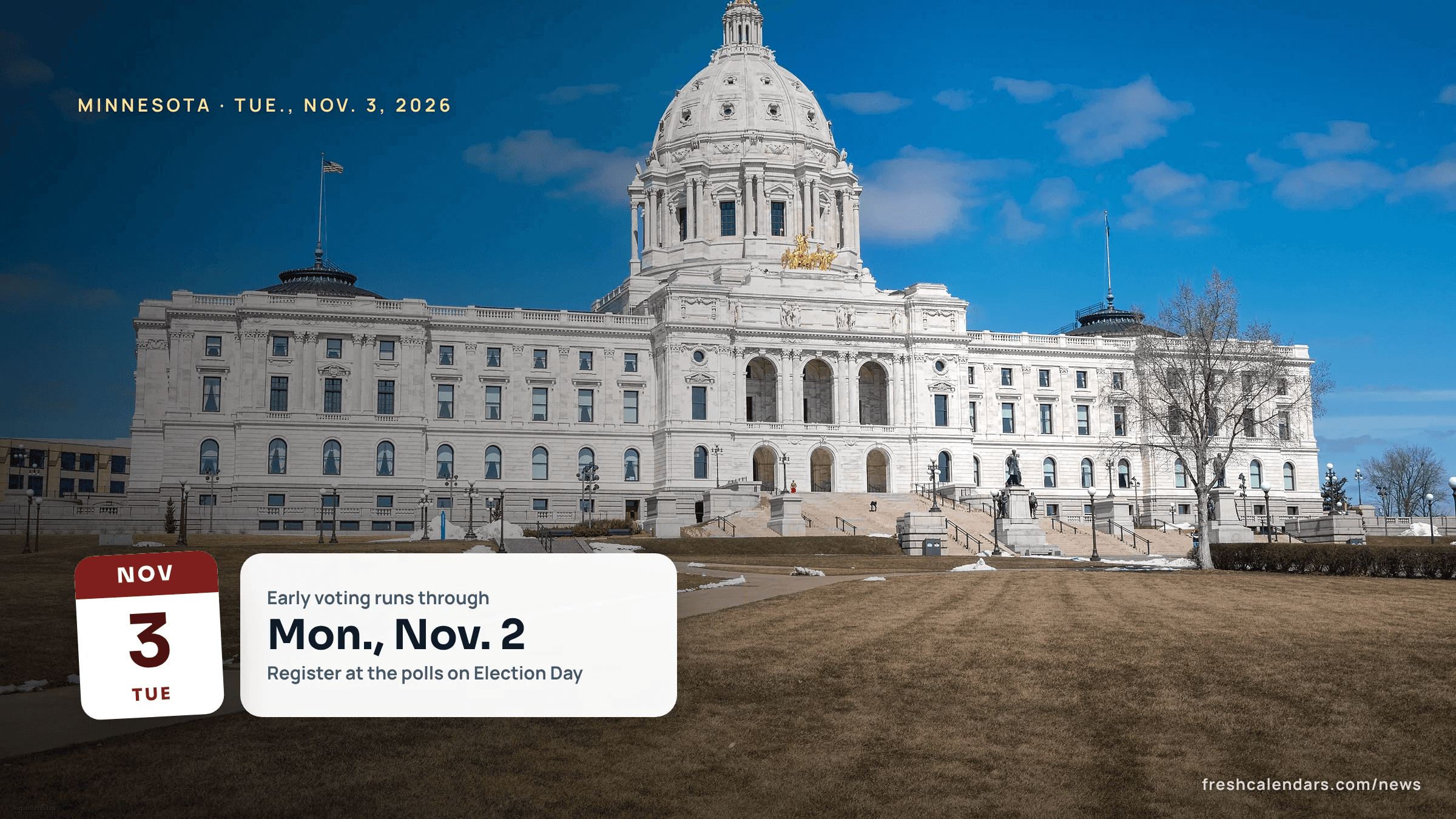 Minnesota ballot 2026: the Minnesota State Capitol in St. Paul with its white dome against a blue sky