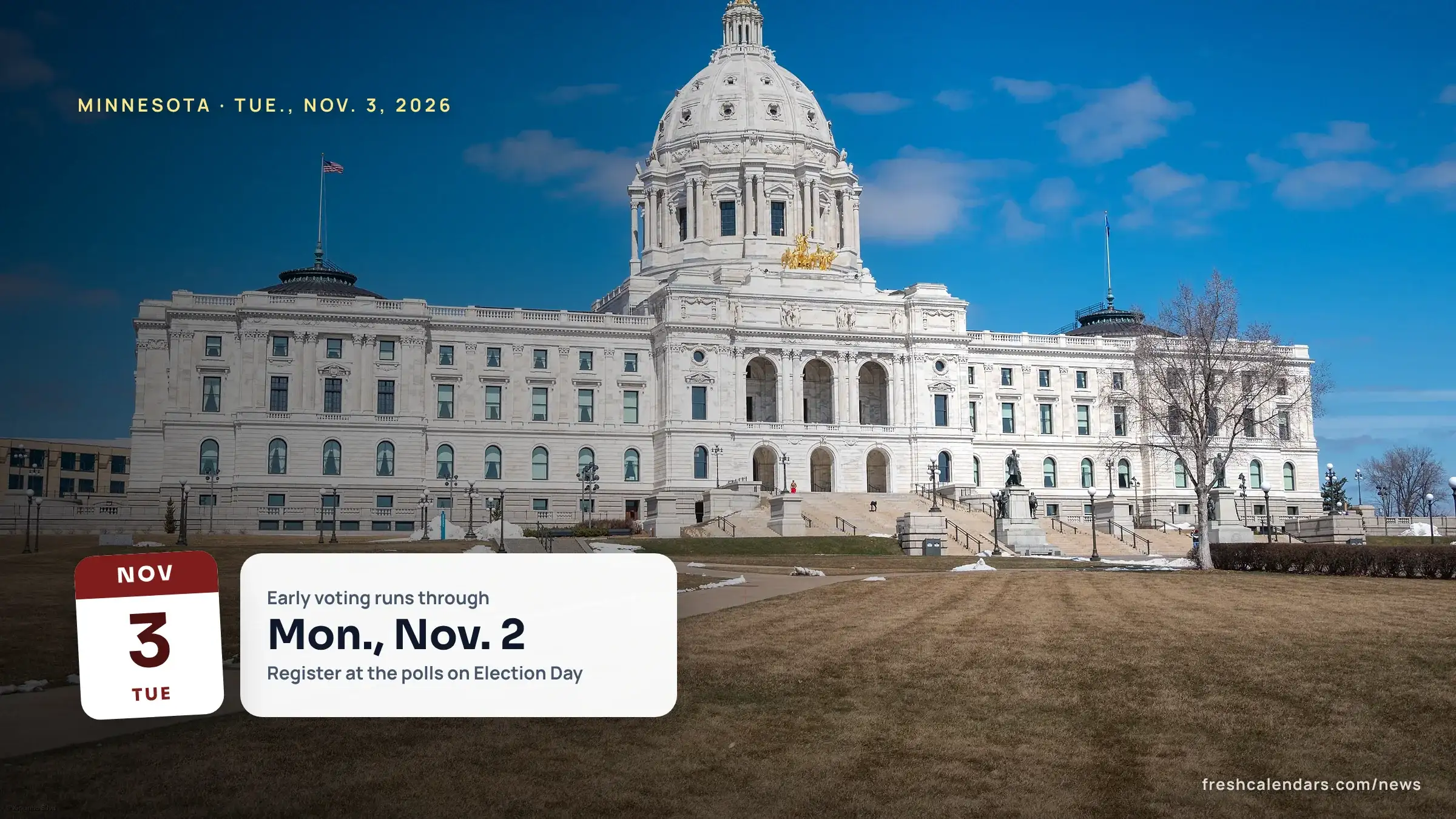 Minnesota ballot 2026: the Minnesota State Capitol in St. Paul with its white dome against a blue sky