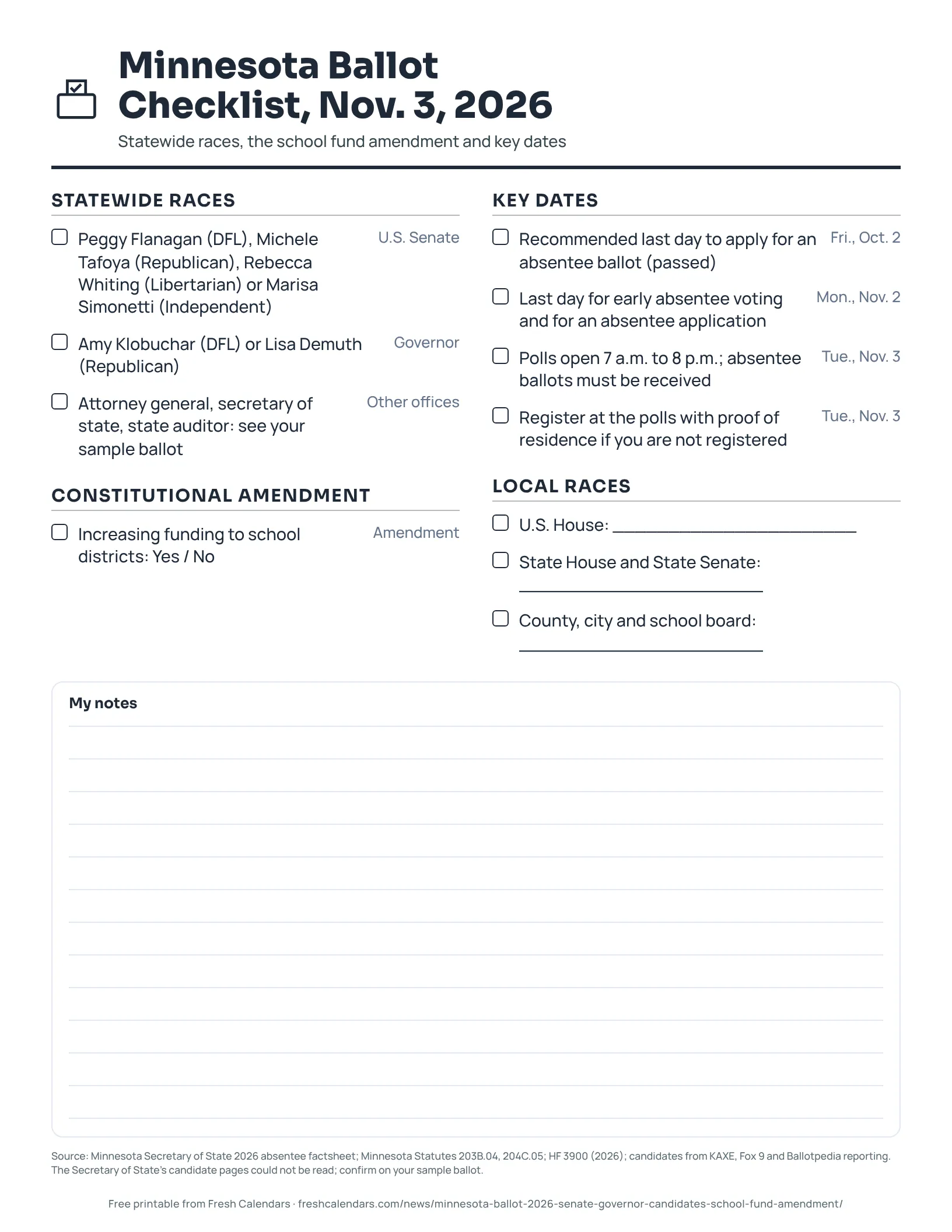 Minnesota Ballot Checklist, Nov. 3, 2026 (ink saver) Minnesota ballot checklist 2026 printable with statewide candidates, the school fund amendment and key dates, ink-saver version