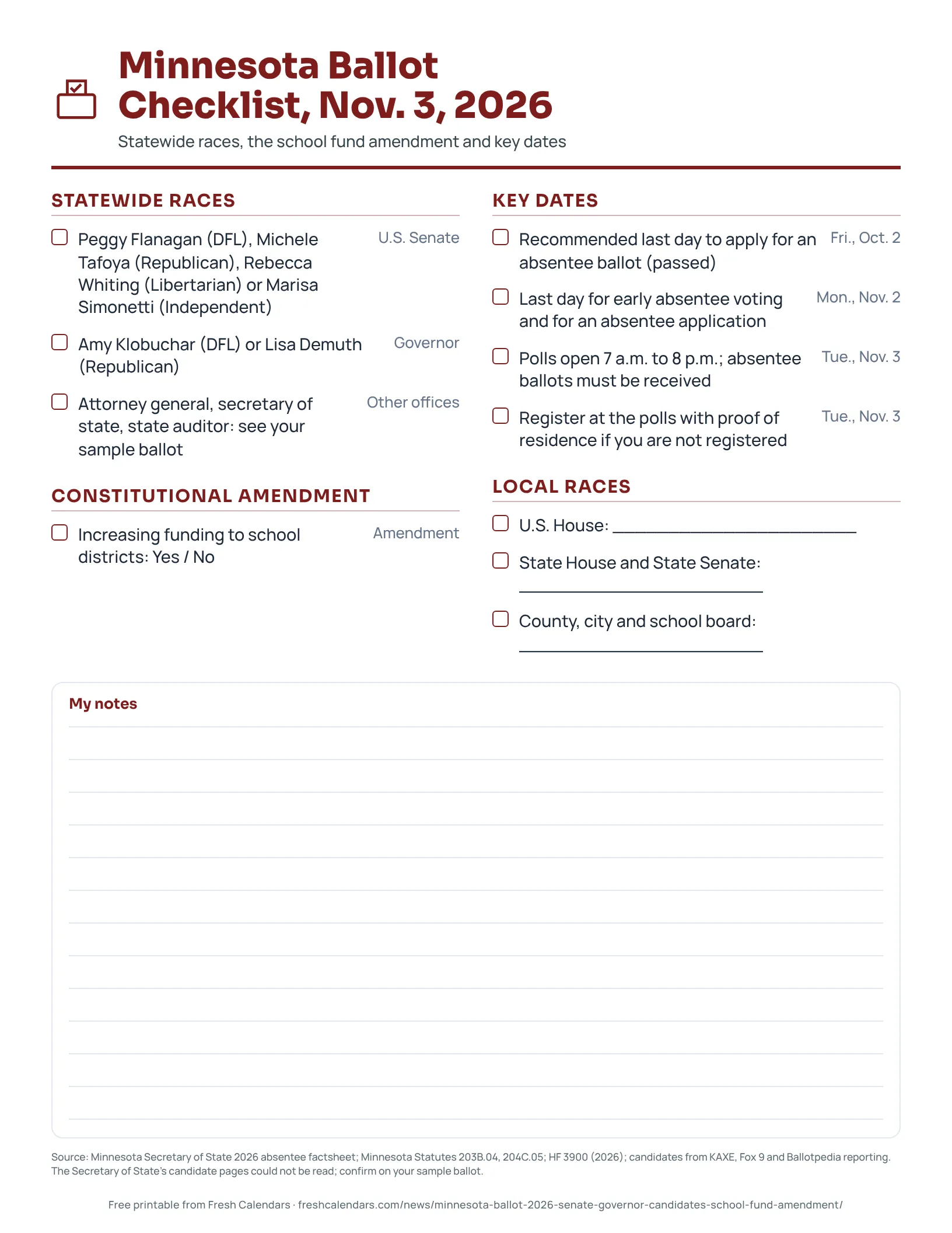 Minnesota Ballot Checklist, Nov. 3, 2026 Minnesota ballot checklist 2026 printable with statewide candidates, the school fund amendment and key dates