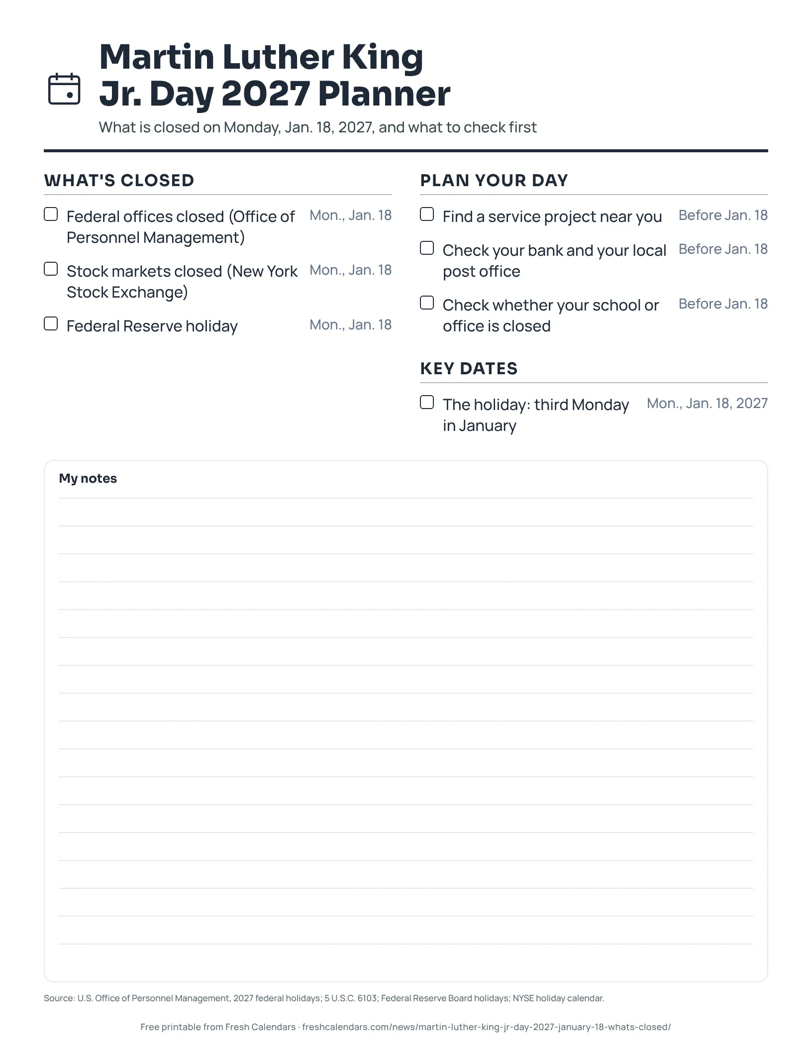 Martin Luther King Jr. Day 2027 Planner (ink saver) Printable Martin Luther King Jr. Day 2027 planner with a checklist of closures and things to check, ink-saver version