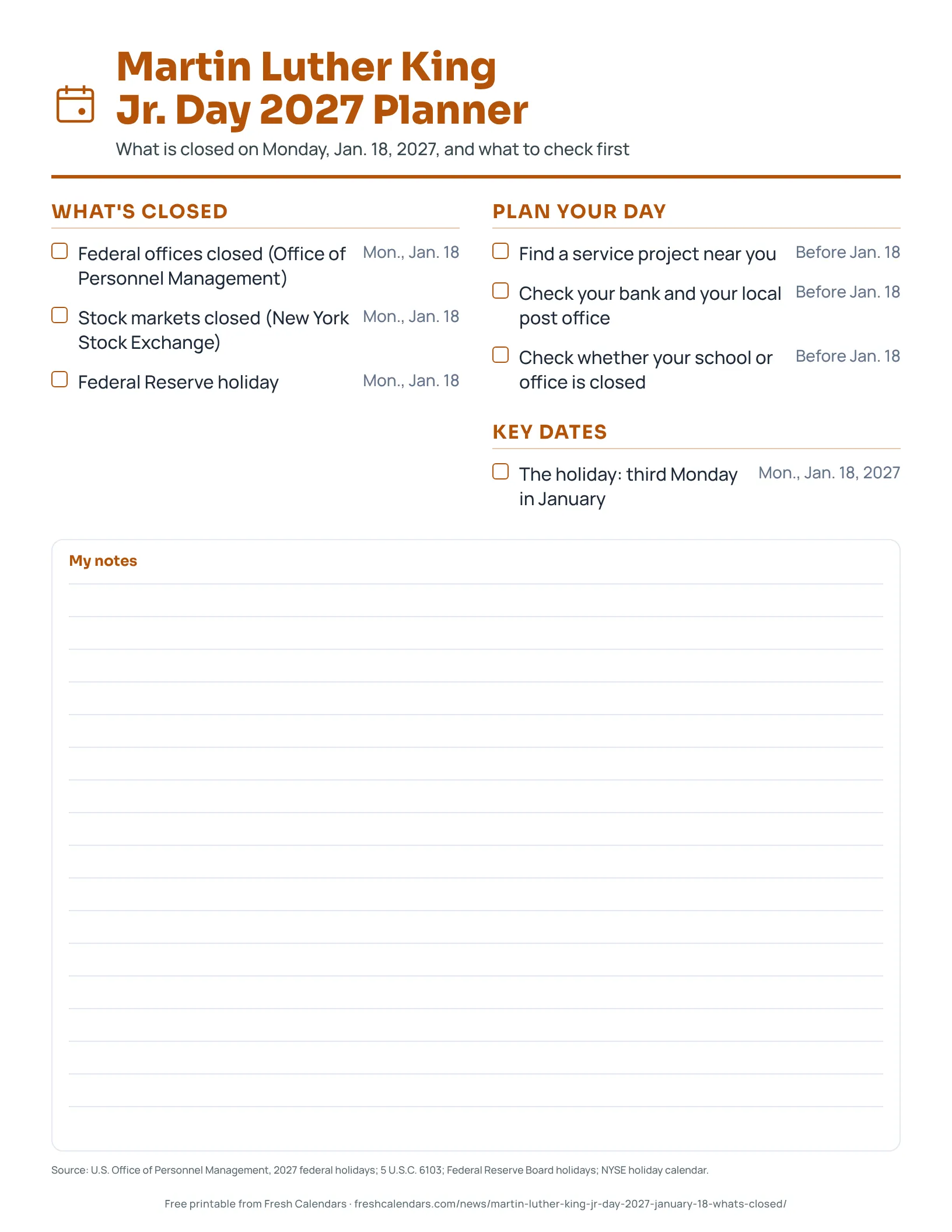 Martin Luther King Jr. Day 2027 Planner Printable Martin Luther King Jr. Day 2027 planner with a checklist of closures and things to check