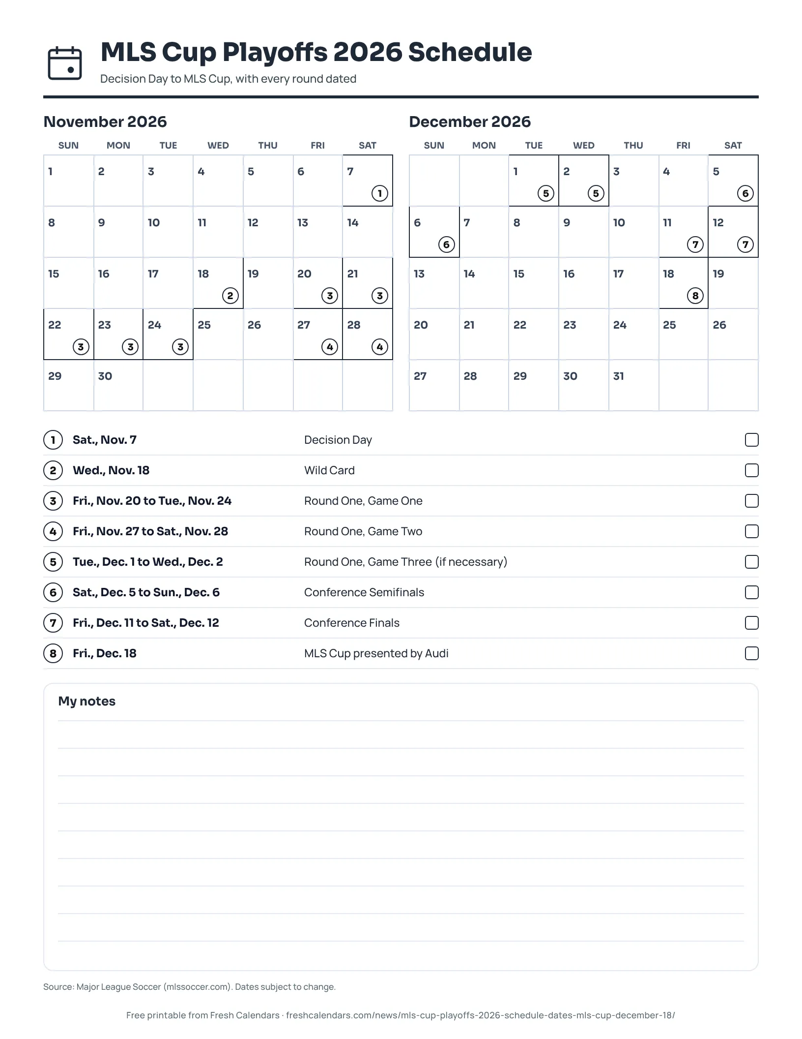 Printable MLS Cup playoffs 2026 schedule timeline from Decision Day on Nov. 7 to MLS Cup on Dec. 18, ink-saver version