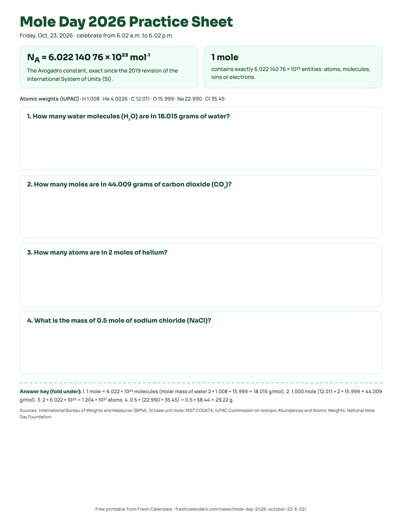 Mole Day 2026 practice sheet printable with the Avogadro constant, four mole problems and an answer key