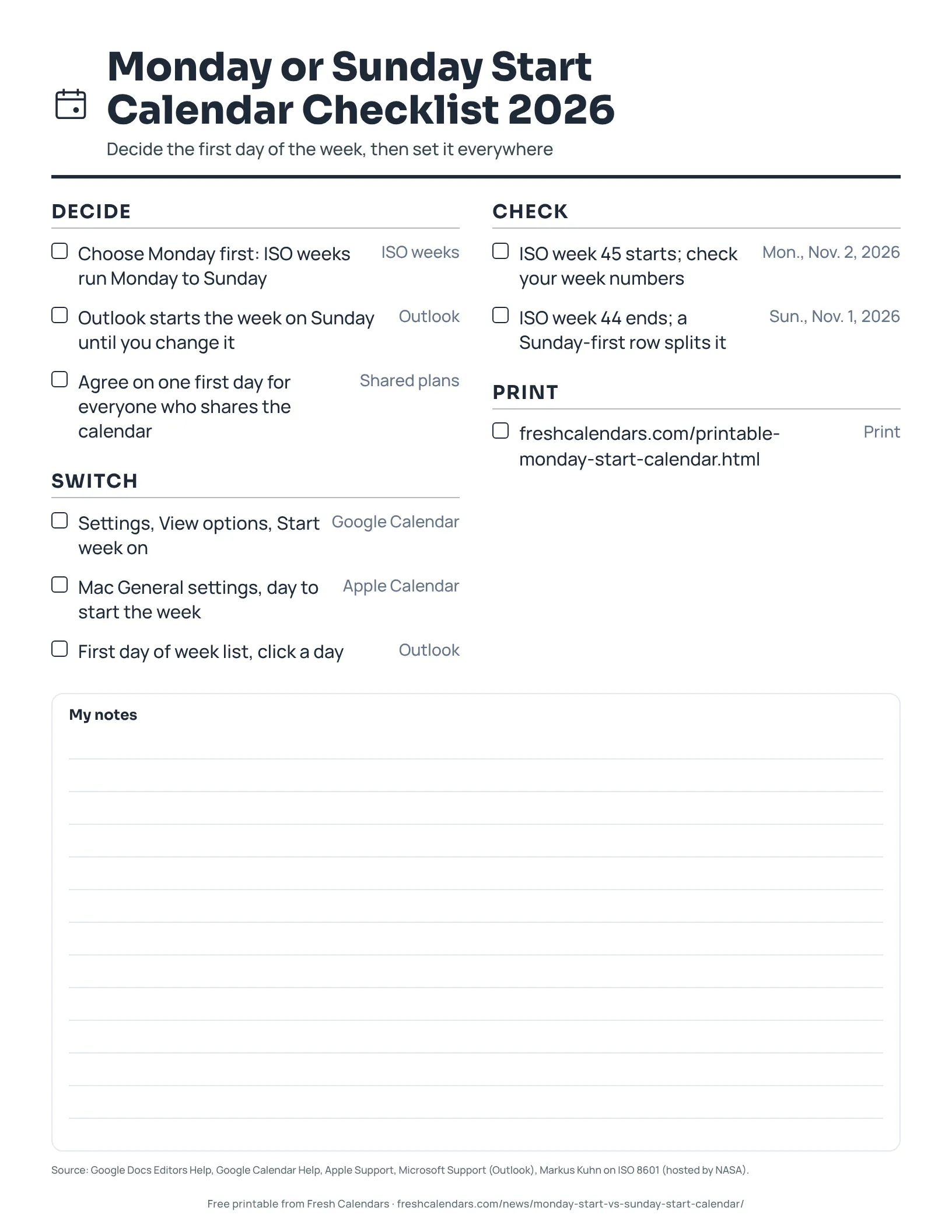 Checklist with tick boxes for choosing the first day of the week, ink-saver version