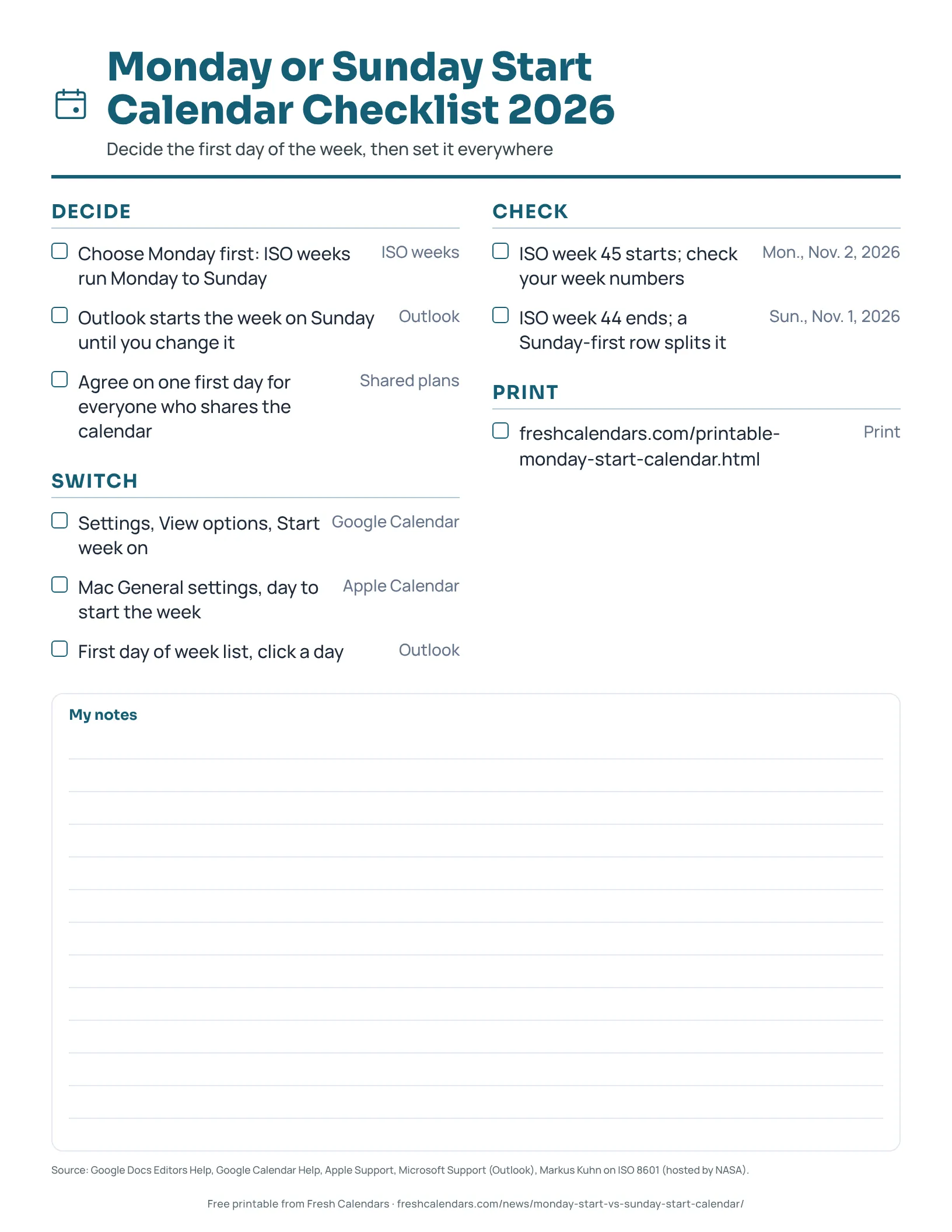 Checklist with tick boxes for choosing the first day of the week