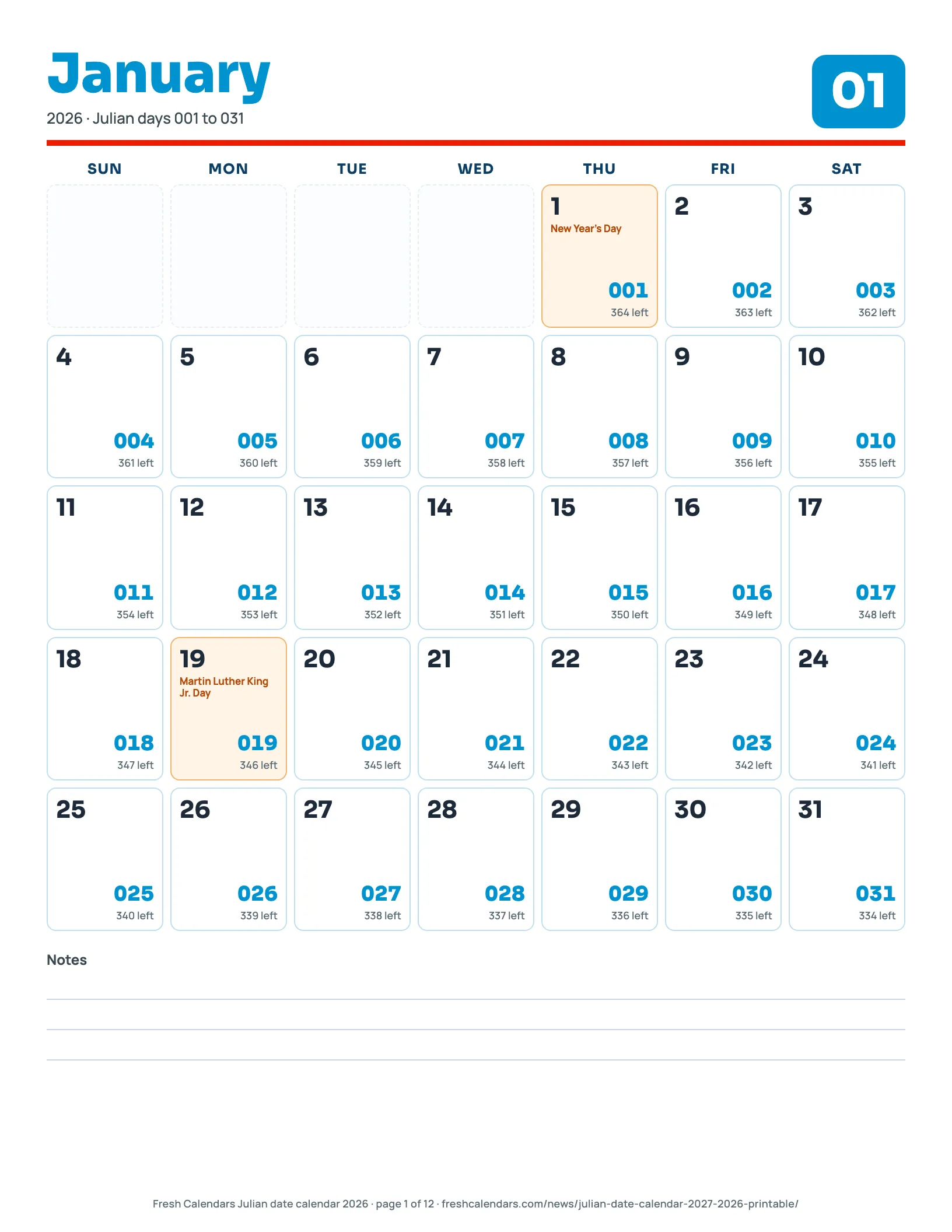 2026 Monthly Julian Calendar 2026 monthly Julian calendar page showing each date with its day-of-year number and days remaining