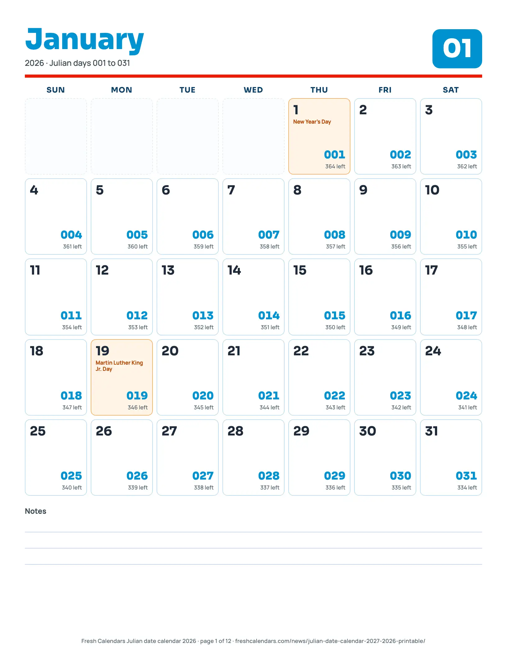 2026 monthly Julian calendar page showing each date with its day-of-year number and days remaining