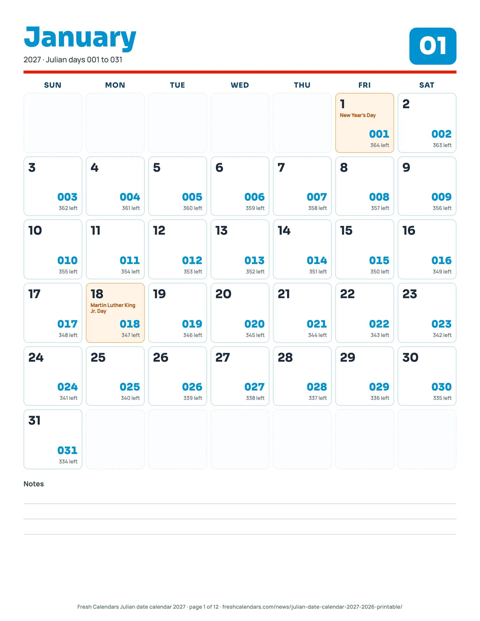 2027 Monthly Julian Calendar 2027 monthly Julian calendar page showing each date with its day-of-year number and days remaining