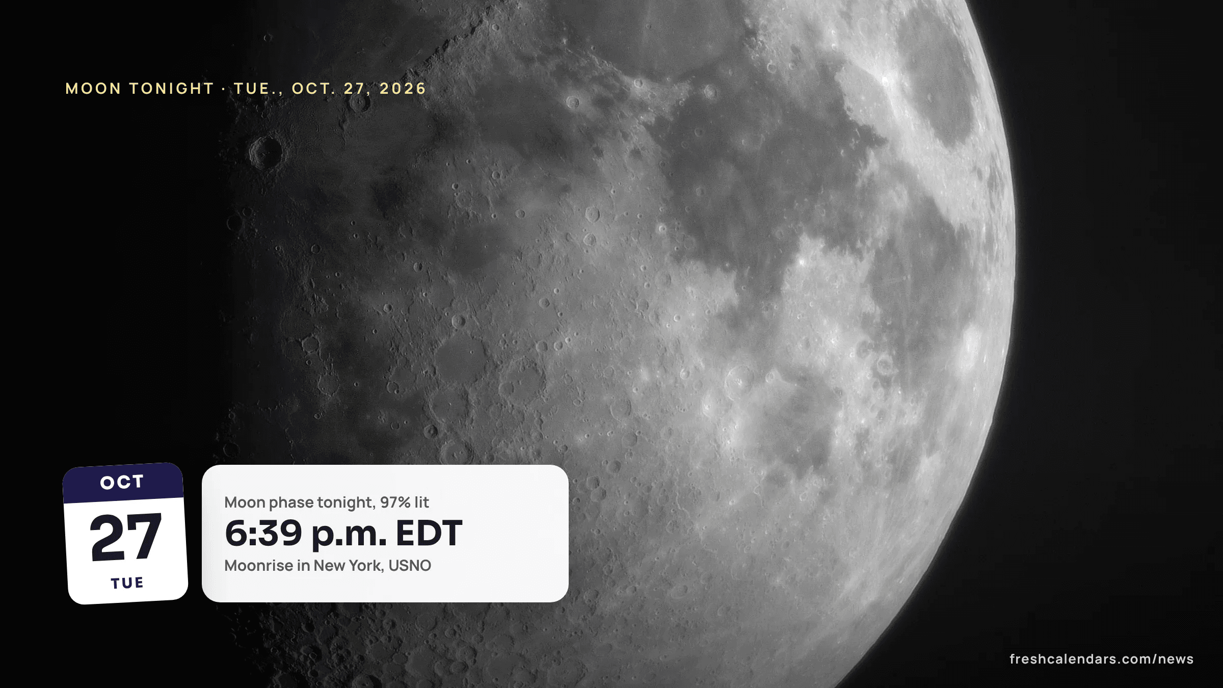 Moon phase tonight: a waning gibbous Moon with craters lit along its edge against a black sky, the phase of Oct. 27, 2026