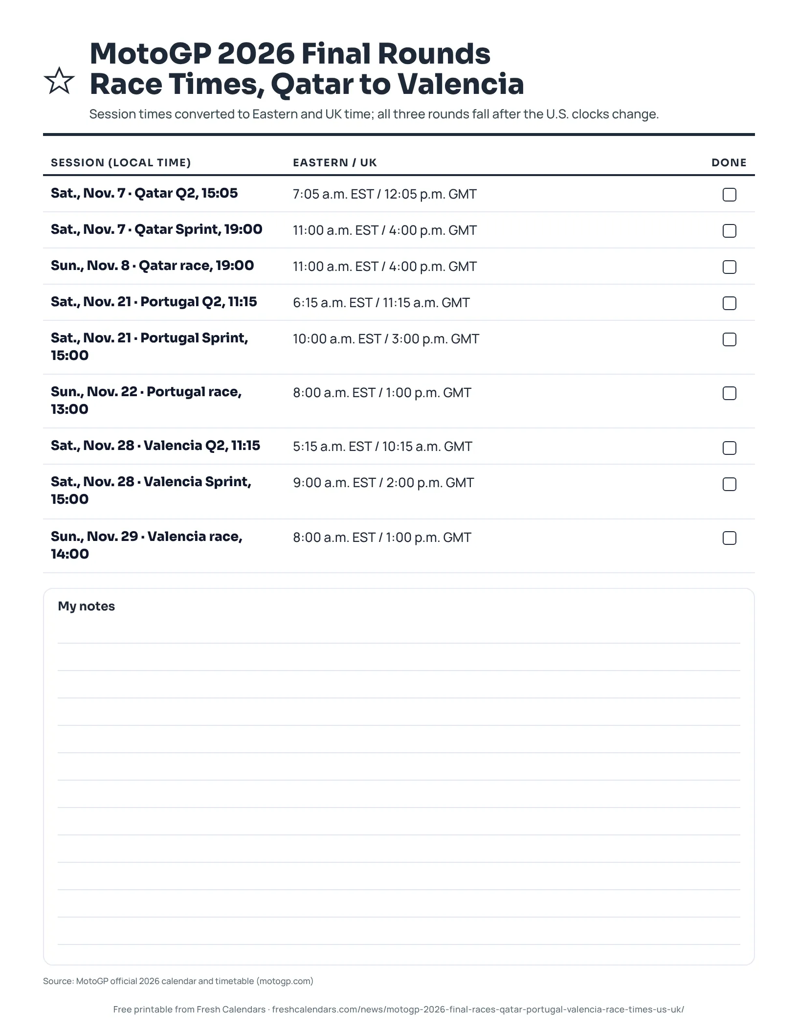 MotoGP 2026 final rounds sheet with Q2, Sprint and race times for Qatar, Portugal and Valencia in Eastern and UK time, ink-saver version