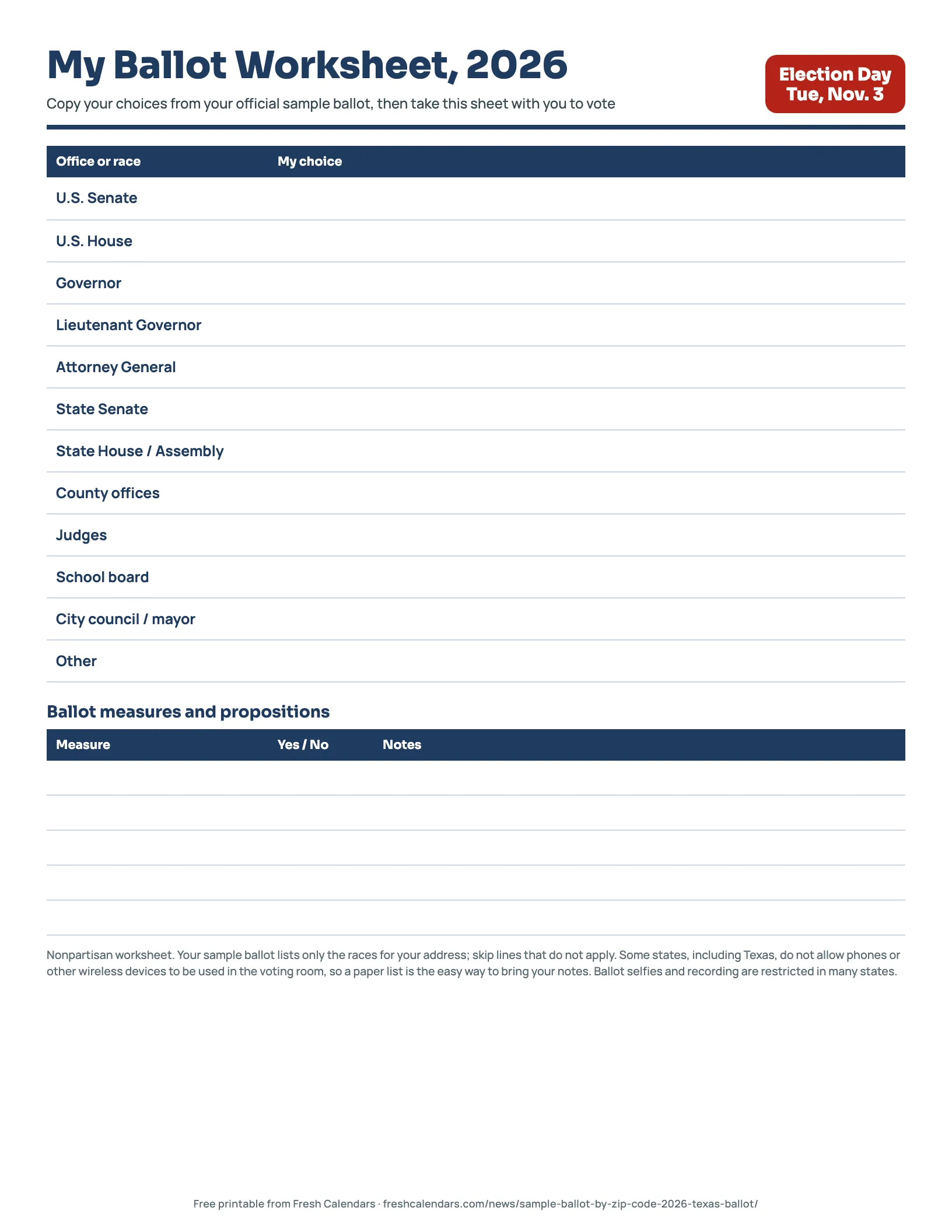 My Ballot Worksheet, 2026 My ballot worksheet 2026 printable with blank lines for offices and ballot measures to fill in from a sample ballot