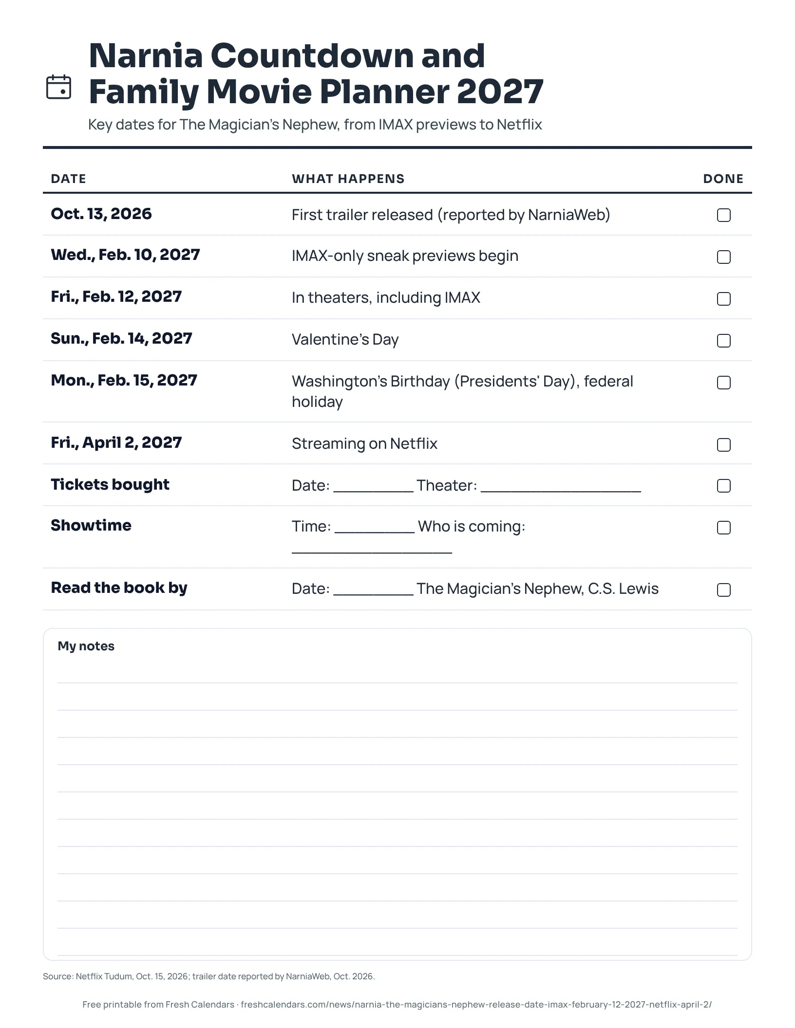 Narnia Countdown and Family Movie Planner 2027 (ink saver) Printable Narnia countdown and family movie planner with the Feb. 10, Feb. 12 and April 2, 2027 dates and blanks for tickets, showtime and r, ink-saver version