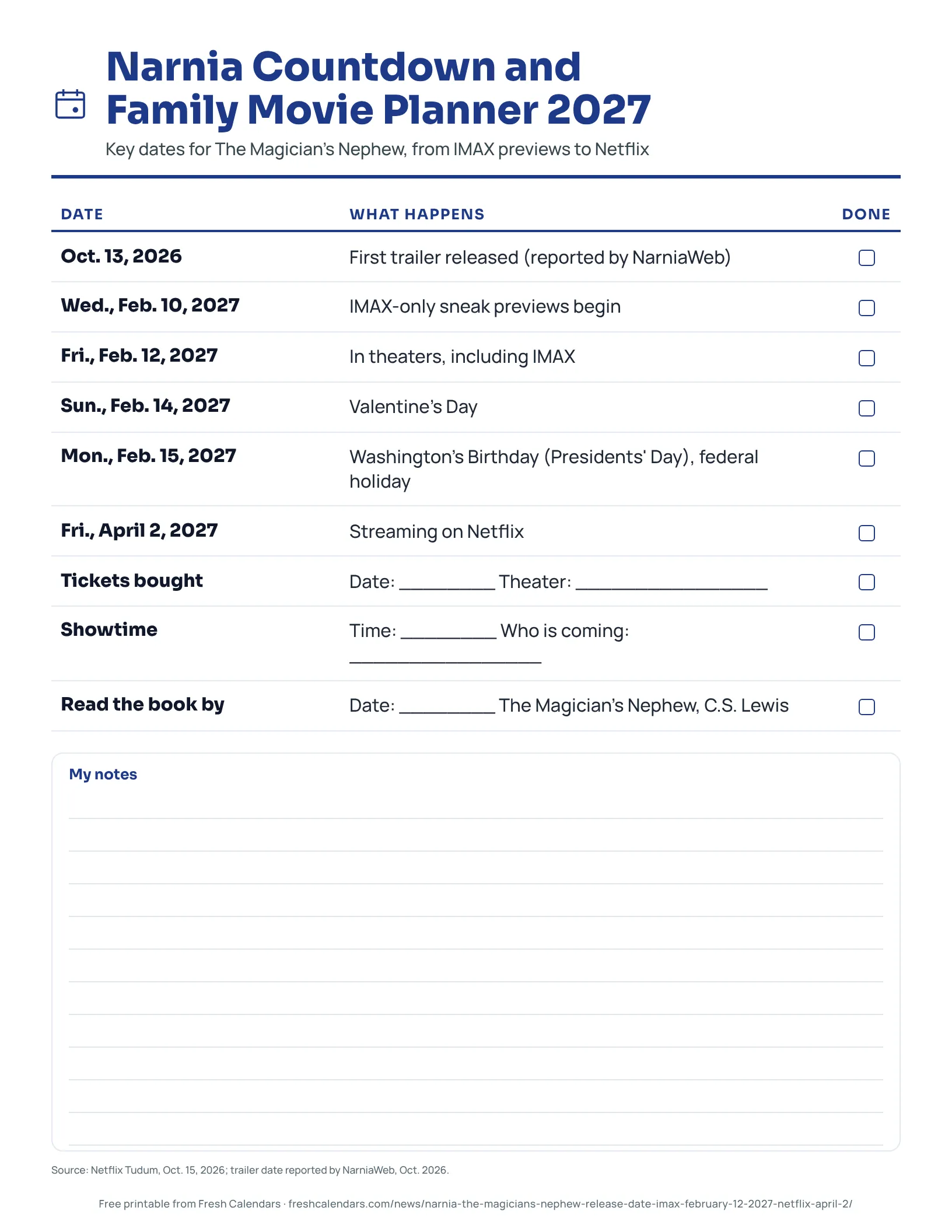 Narnia Countdown and Family Movie Planner 2027 Printable Narnia countdown and family movie planner with the Feb. 10, Feb. 12 and April 2, 2027 dates and blanks for tickets, showtime and reading the book