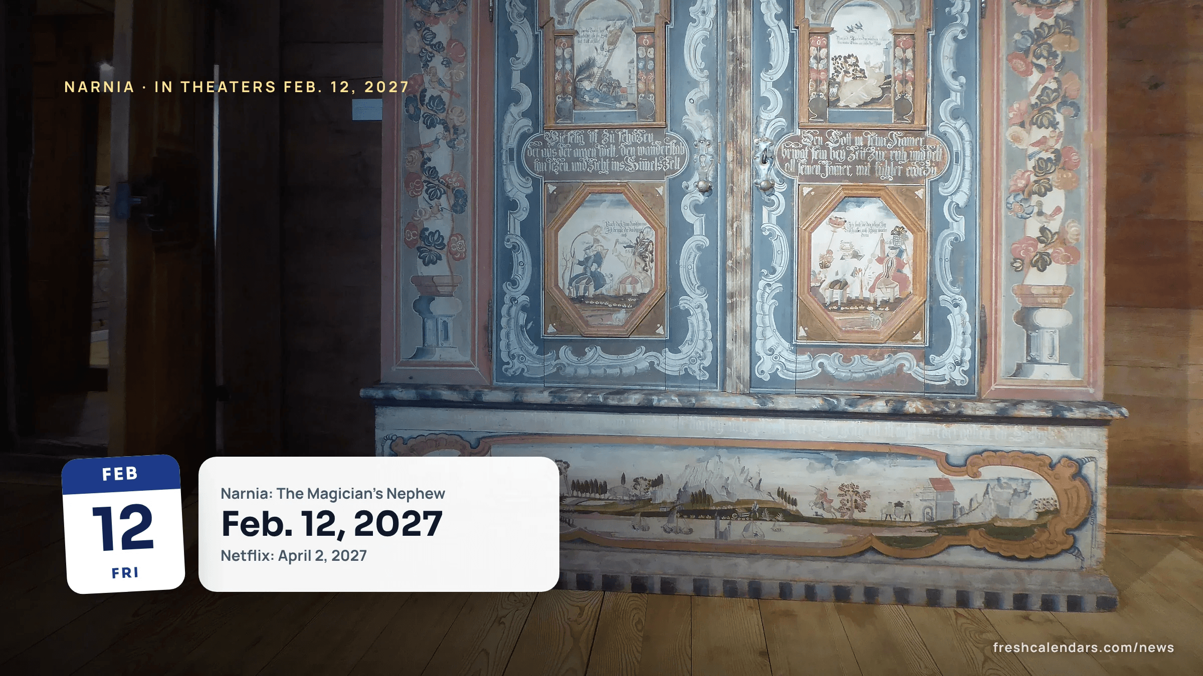 Narnia release date 2027: a painted wooden wardrobe in a museum, a nod to Narnia's best-known doorway