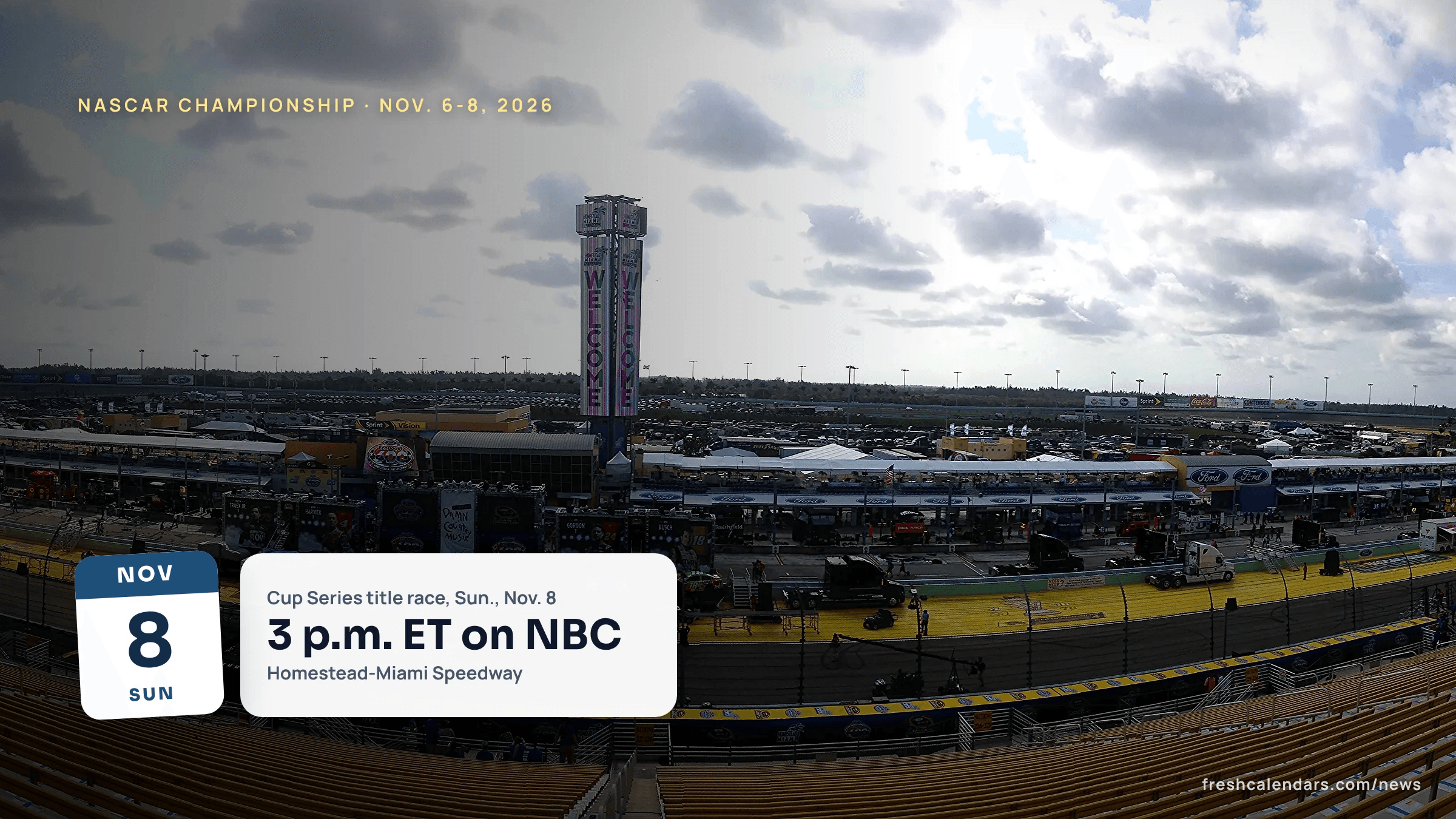 Grandstand view over the frontstretch, pit road and Welcome tower at Homestead-Miami Speedway, host of the NASCAR championship 2026 weekend