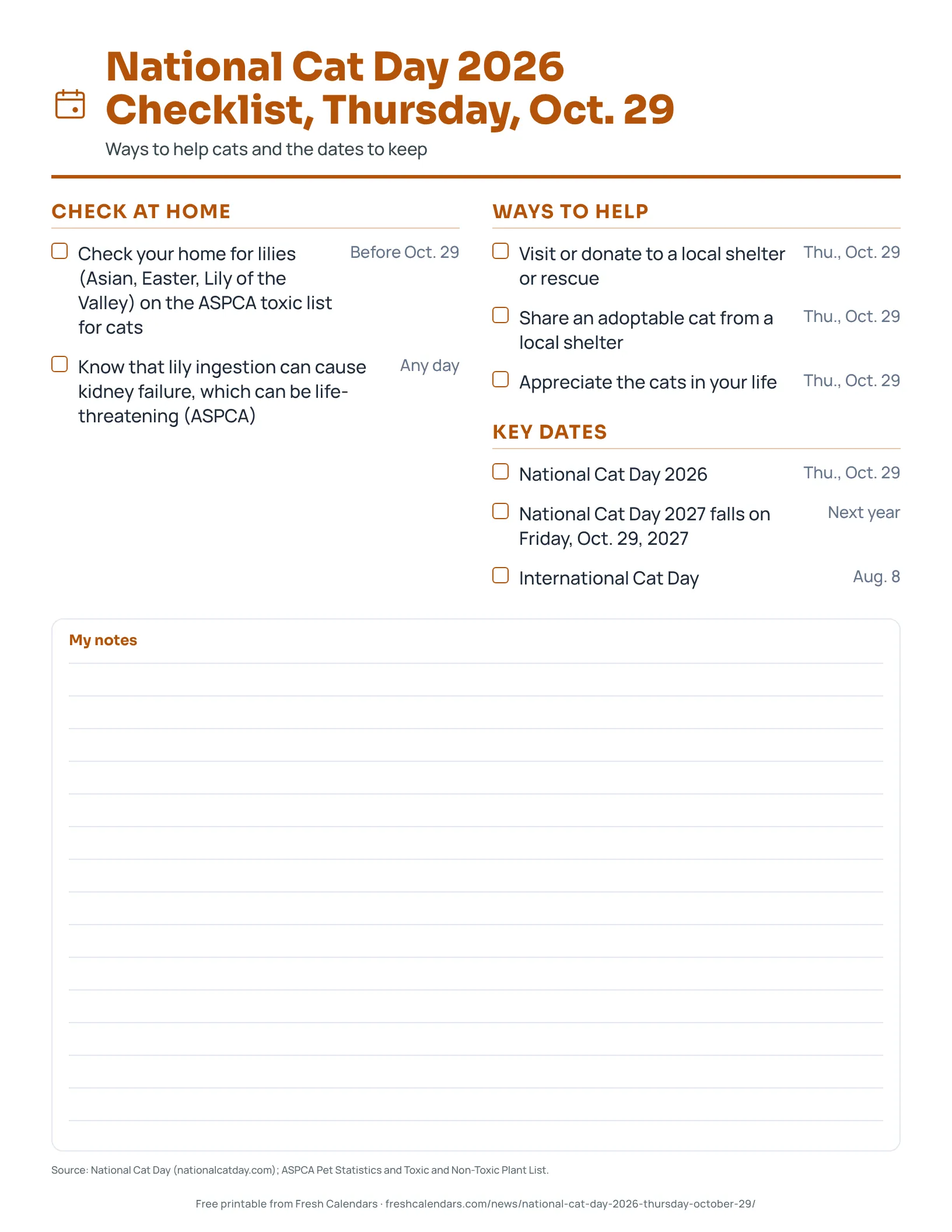 National Cat Day 2026 Checklist, Thursday, Oct. 29 National Cat Day 2026 Checklist, Thursday, Oct. 29 printable