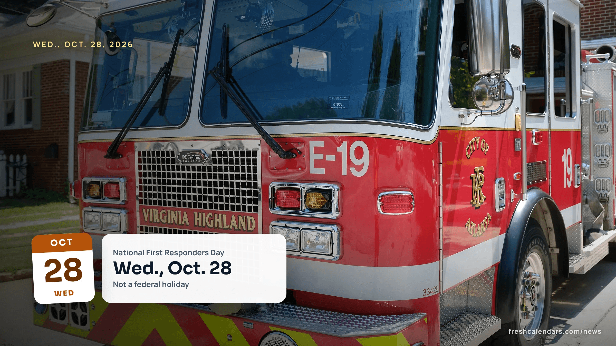 Red fire engine of Atlanta Fire Rescue parked outside Fire Station No. 19, for National First Responders Day 2026