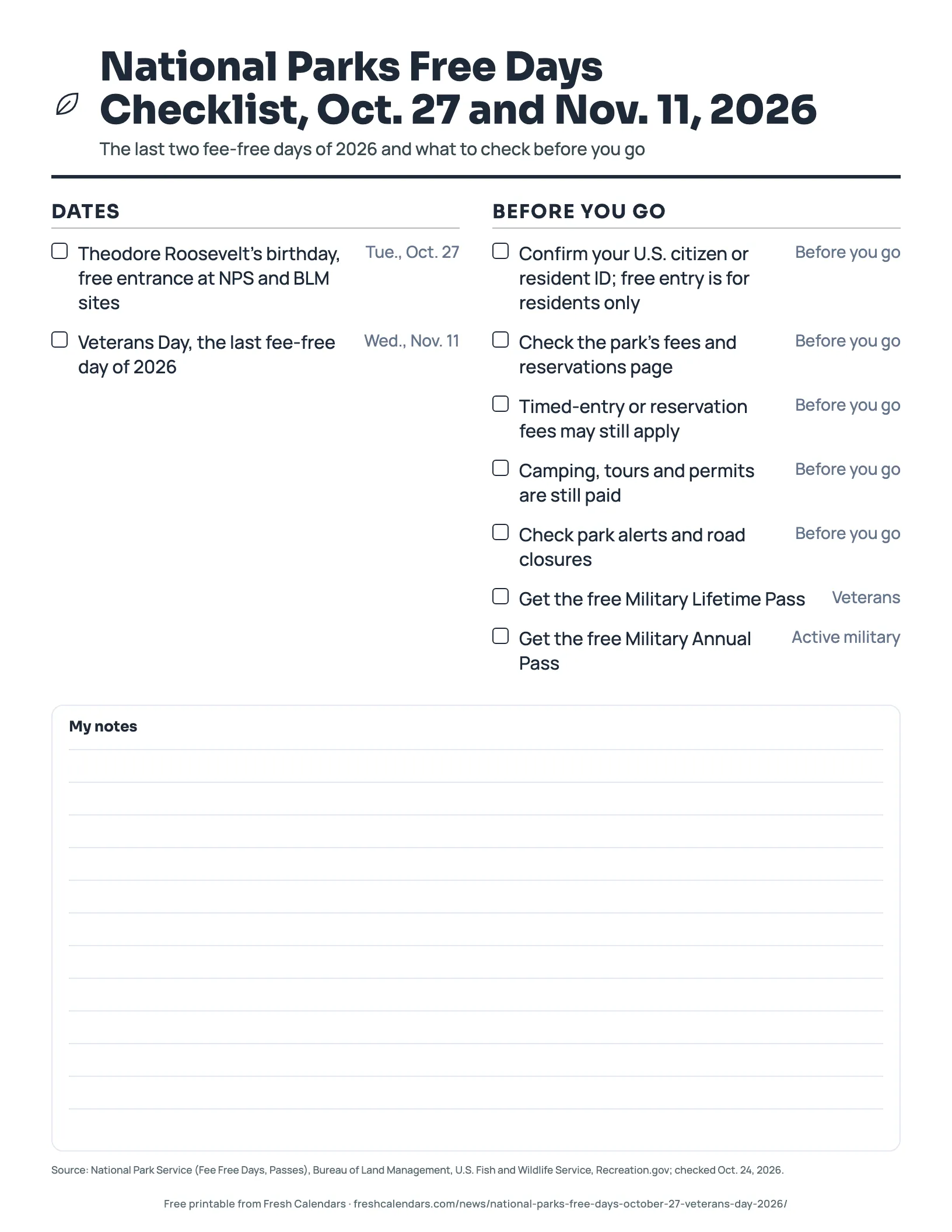 National Parks free days 2026 checklist printable with dates Oct. 27 and Nov. 11 and a before you go section, ink-saver version