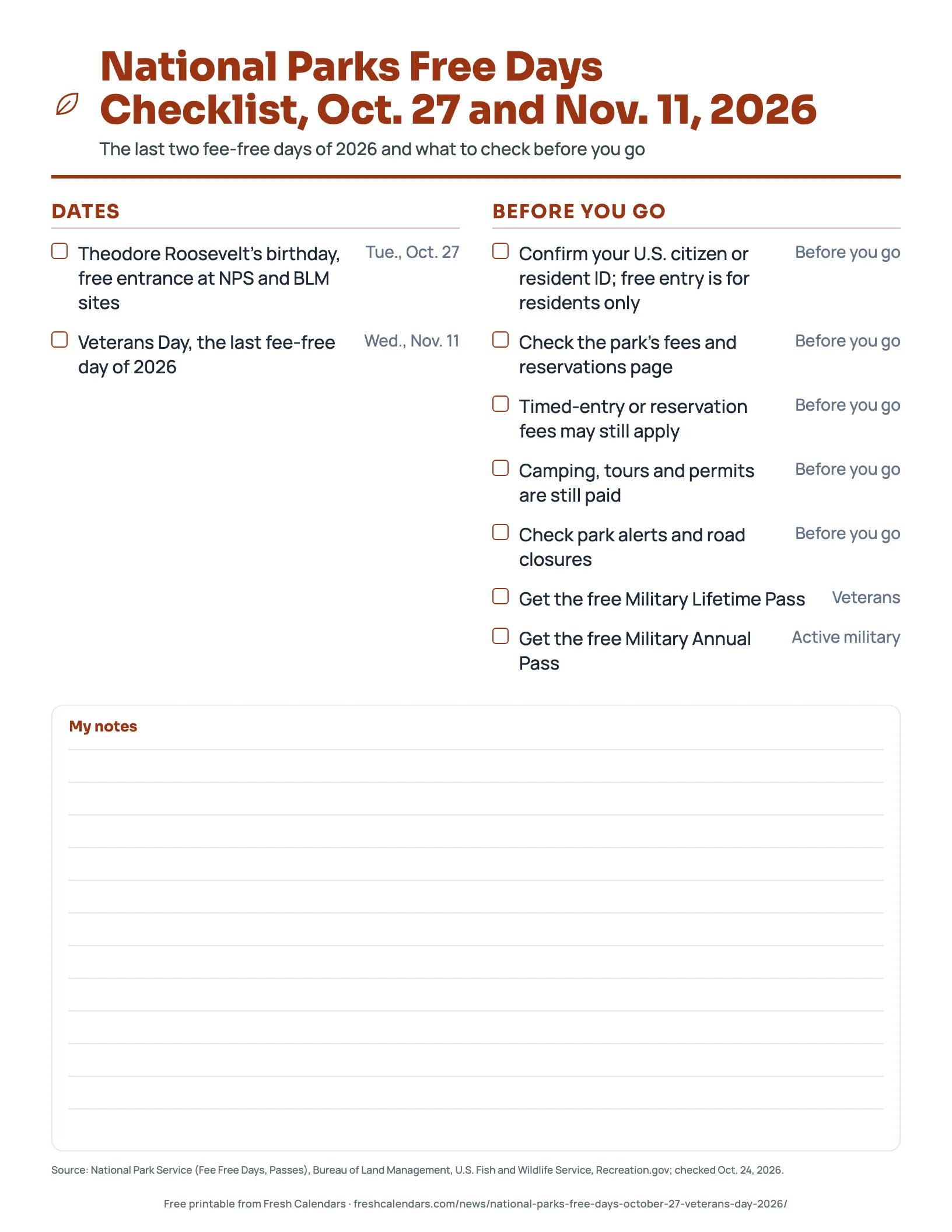 National Parks free days 2026 checklist printable with dates Oct. 27 and Nov. 11 and a before you go section