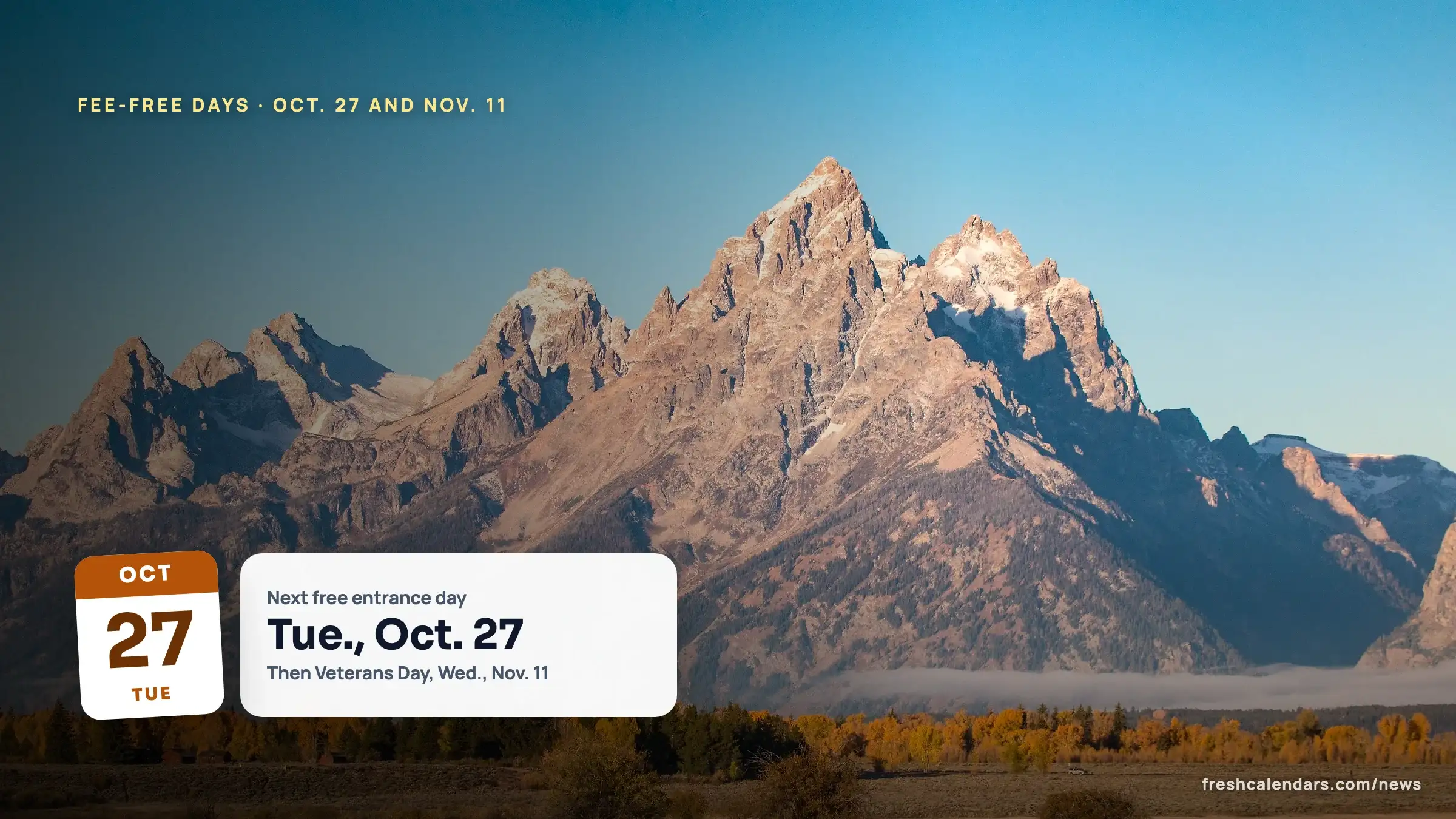 Grand Teton peaks above golden autumn aspens at Grand Teton National Park, one of the parks free to enter on national parks free days