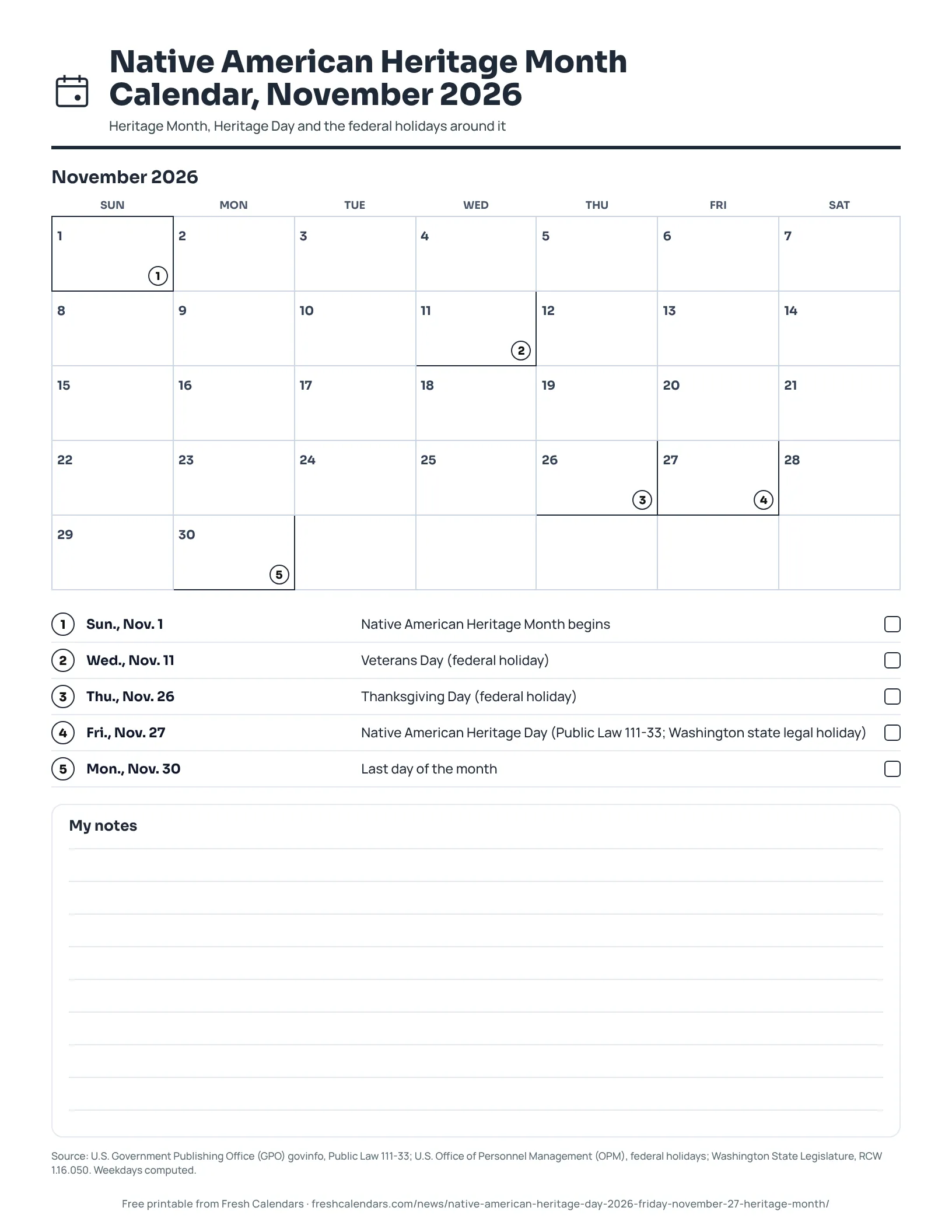 Native American Heritage Month calendar for November 2026 printable, ink-saver version