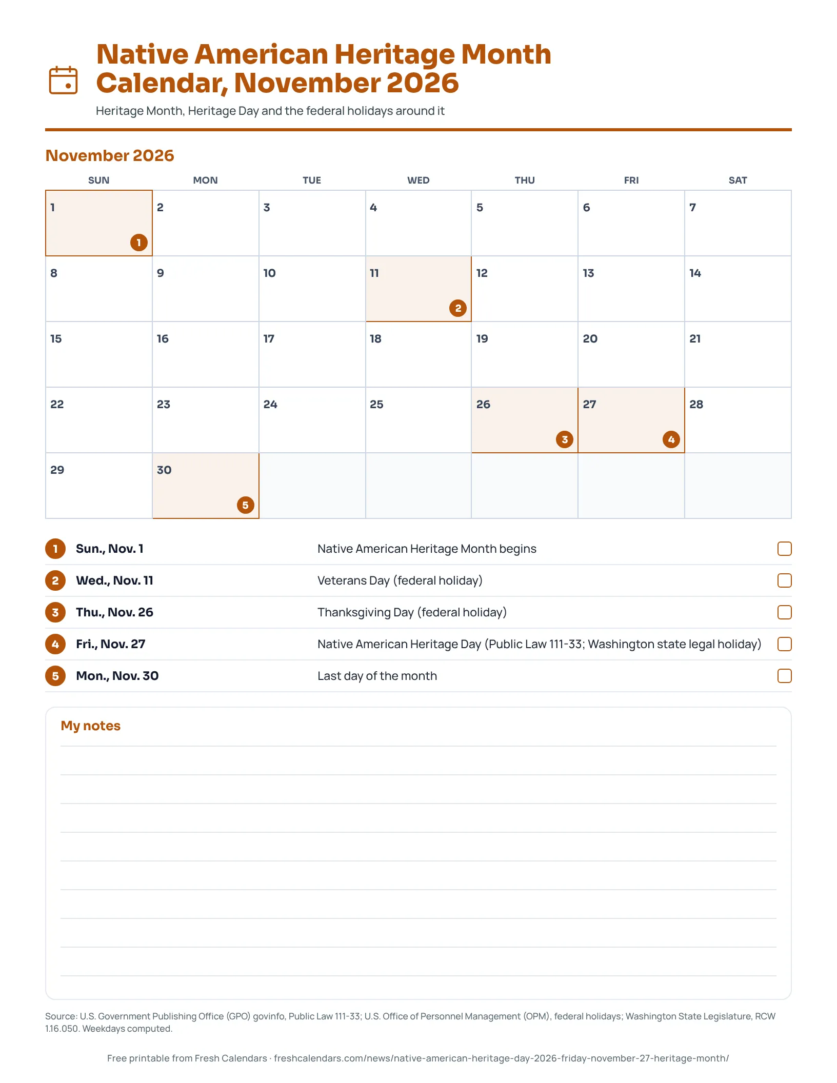 Native American Heritage Month calendar for November 2026 printable