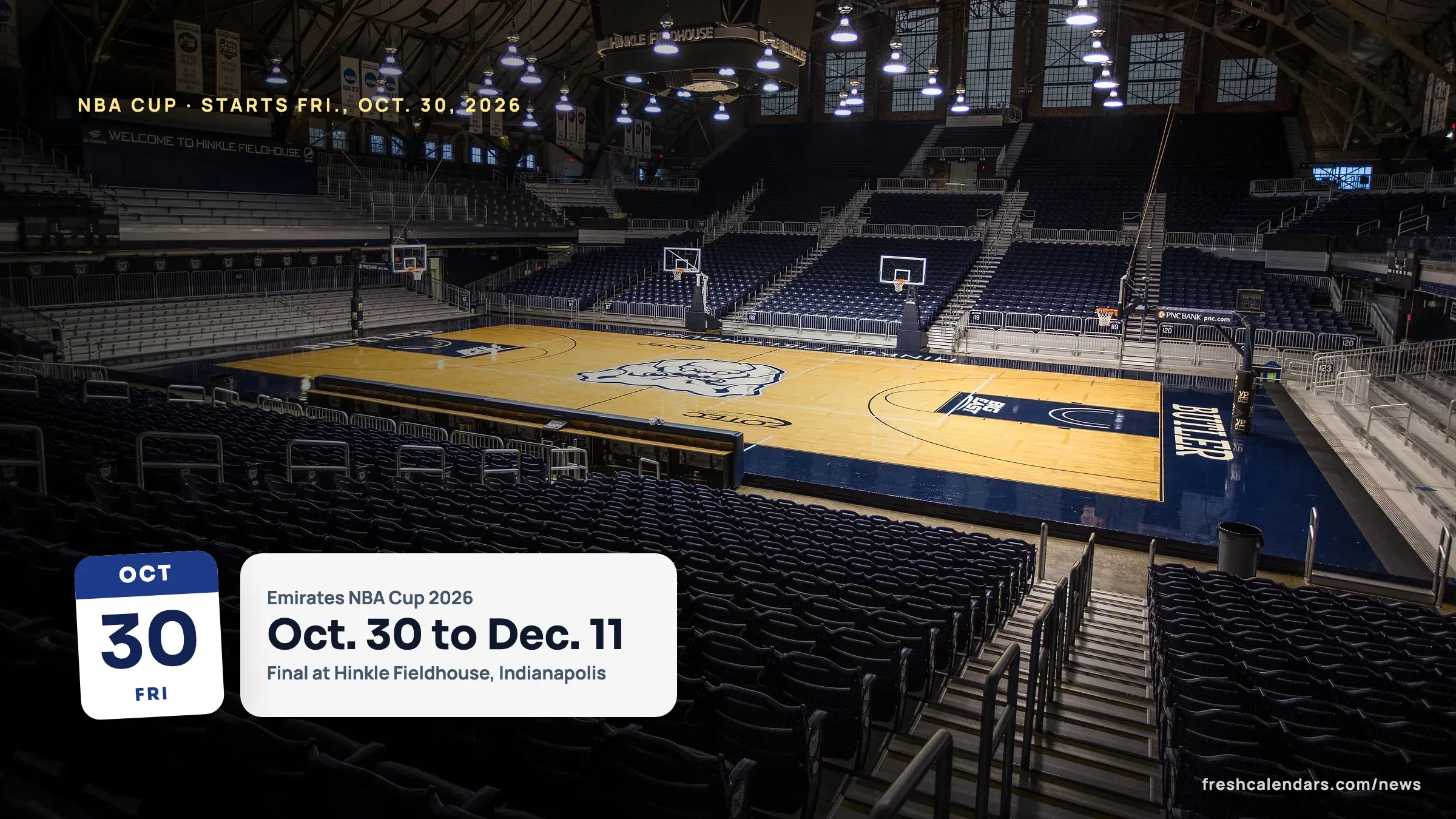 NBA Cup 2026 final at Hinkle Fieldhouse: the arched roof and empty court of the historic Indianapolis arena