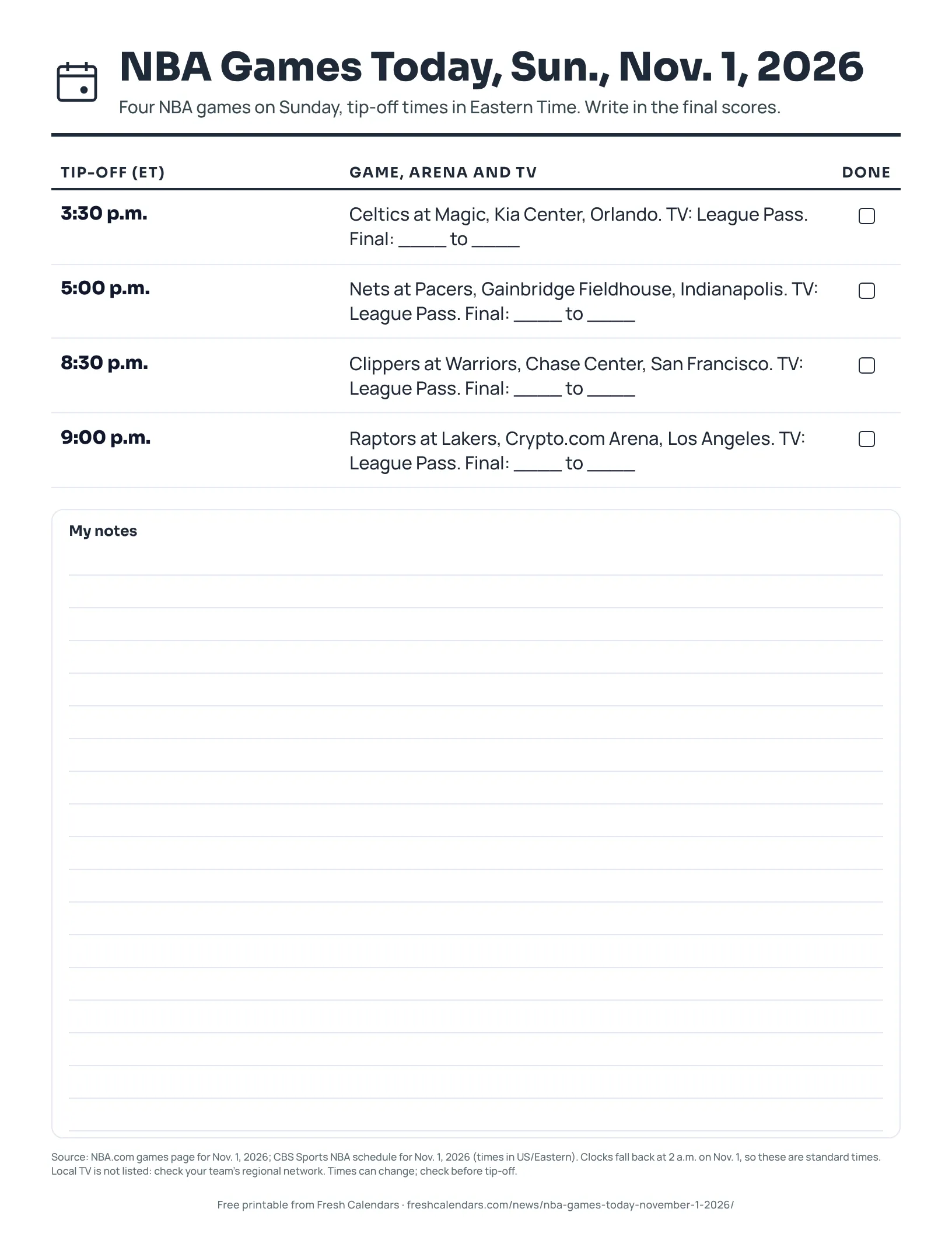 Printable NBA games today sheet for Nov. 1, 2026, listing four games with tip-off times, arenas, TV and score lines, ink-saver version
