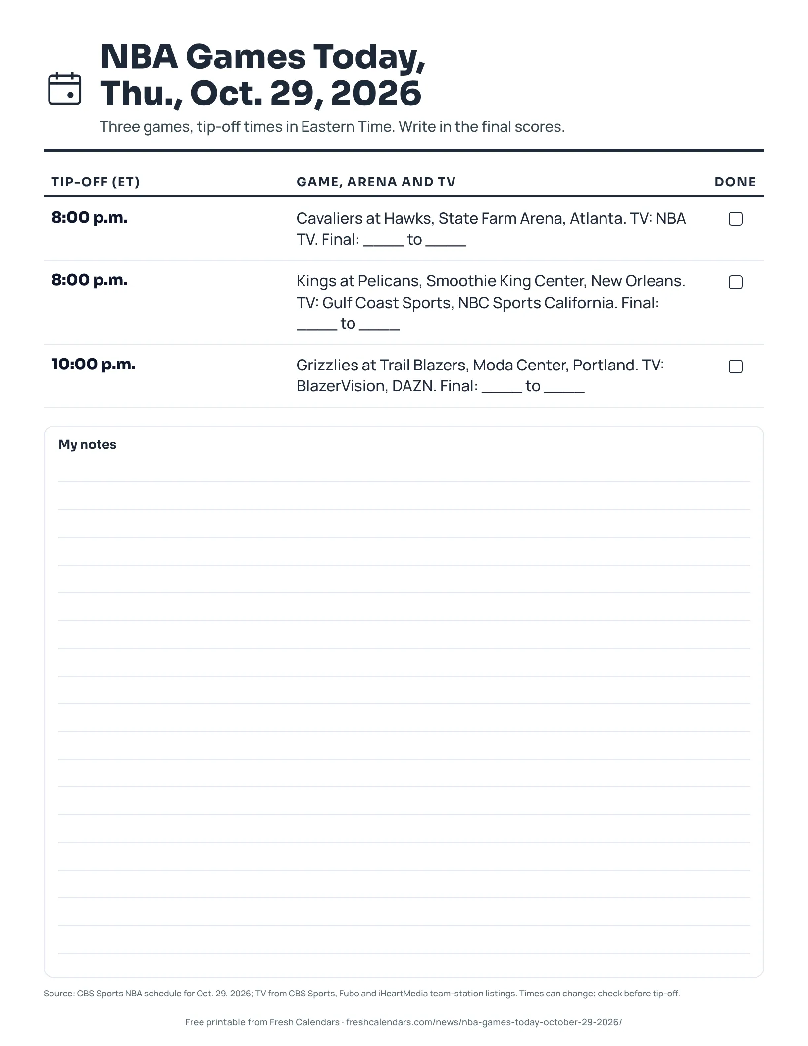 NBA Games Today, Thu., Oct. 29, 2026 (ink saver) Printable NBA games today sheet for Oct. 29, 2026, listing three games with tip-off times, TV and score lines, ink-saver version