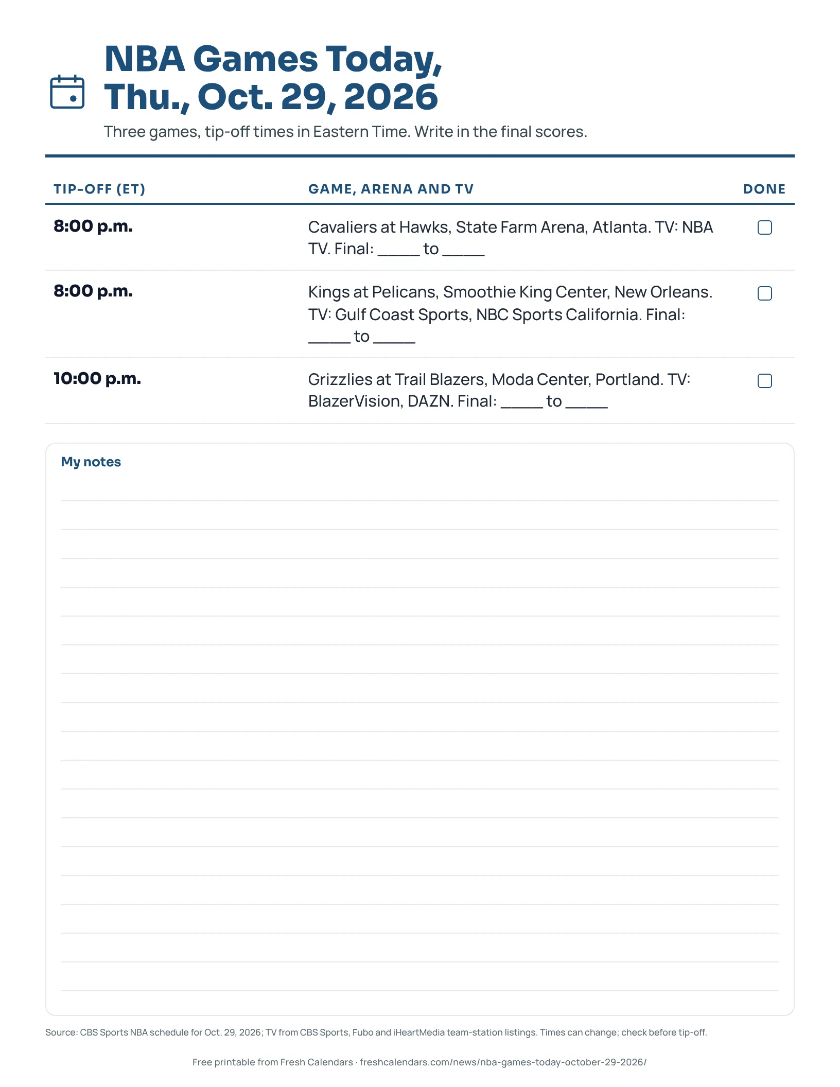 NBA Games Today, Thu., Oct. 29, 2026 Printable NBA games today sheet for Oct. 29, 2026, listing three games with tip-off times, TV and score lines